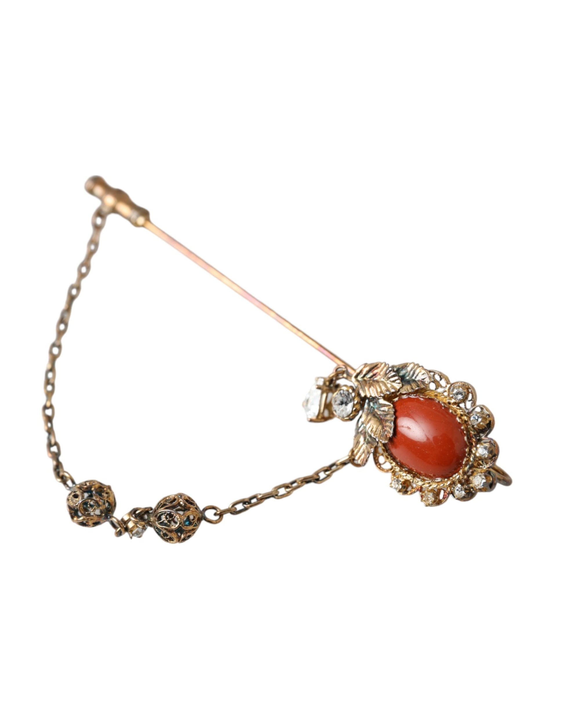 Dolce &amp; Gabbana Gold Messing Kristall Kette 925 Sterling Silber Pin Brosche