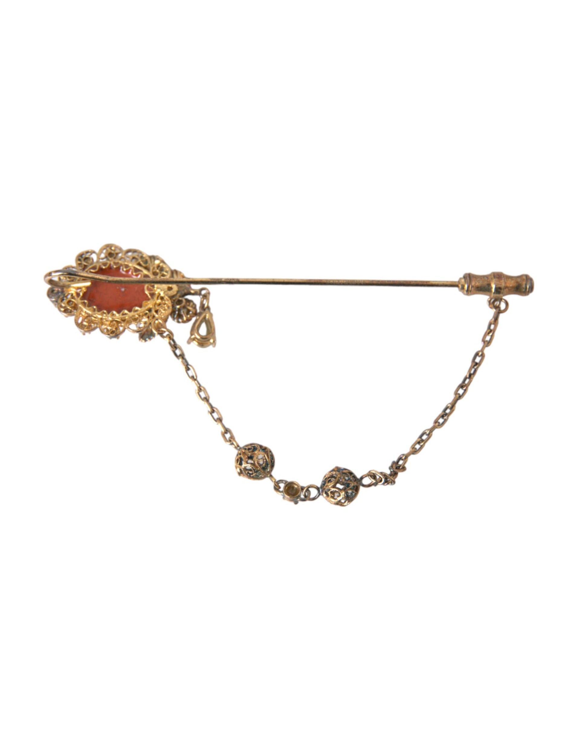 Dolce &amp; Gabbana Gold Messing Kristall Kette 925 Sterling Silber Pin Brosche