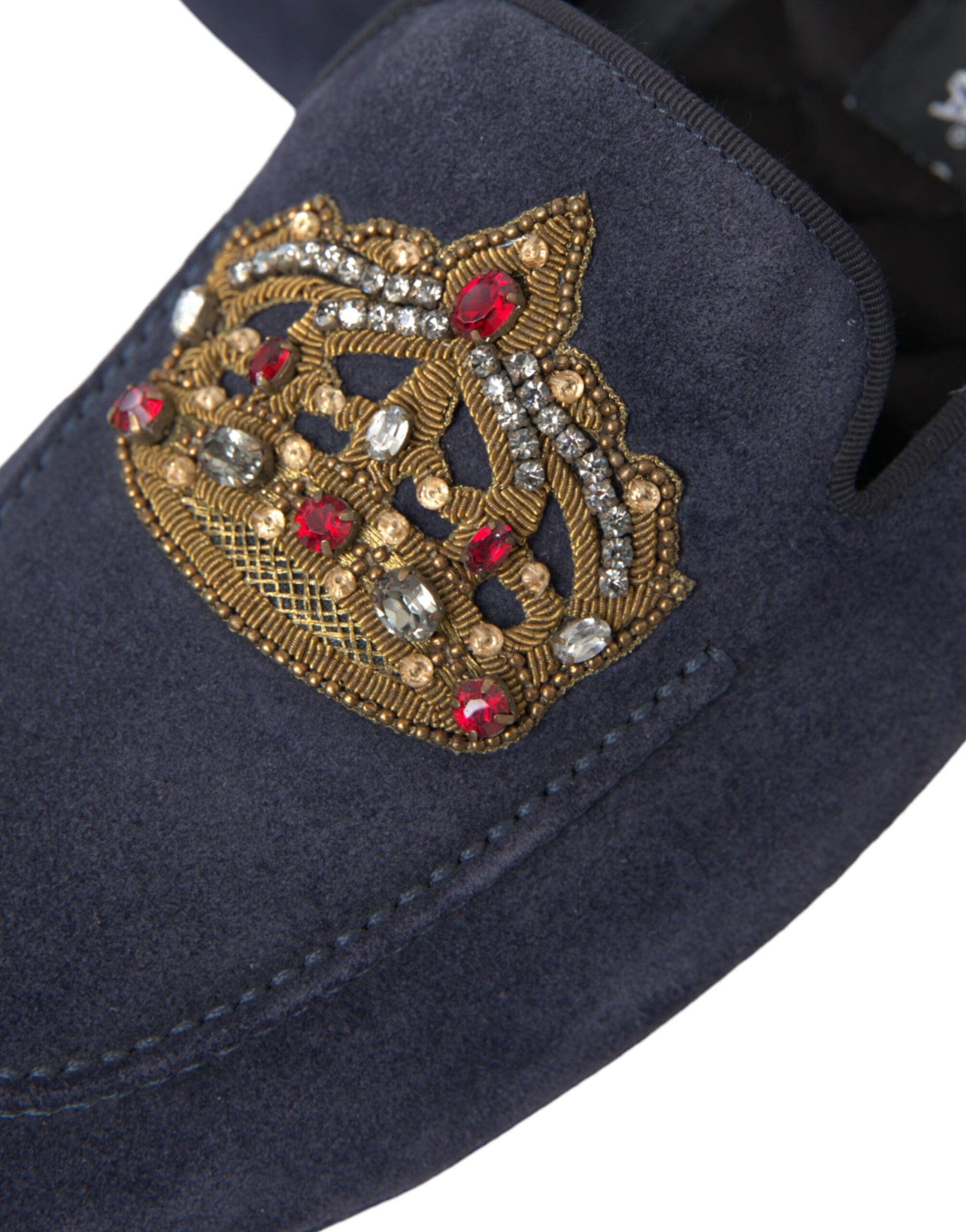 Dolce &amp; Gabbana – Loafer-Schuhe aus blauem Wildleder mit Kristallkrone