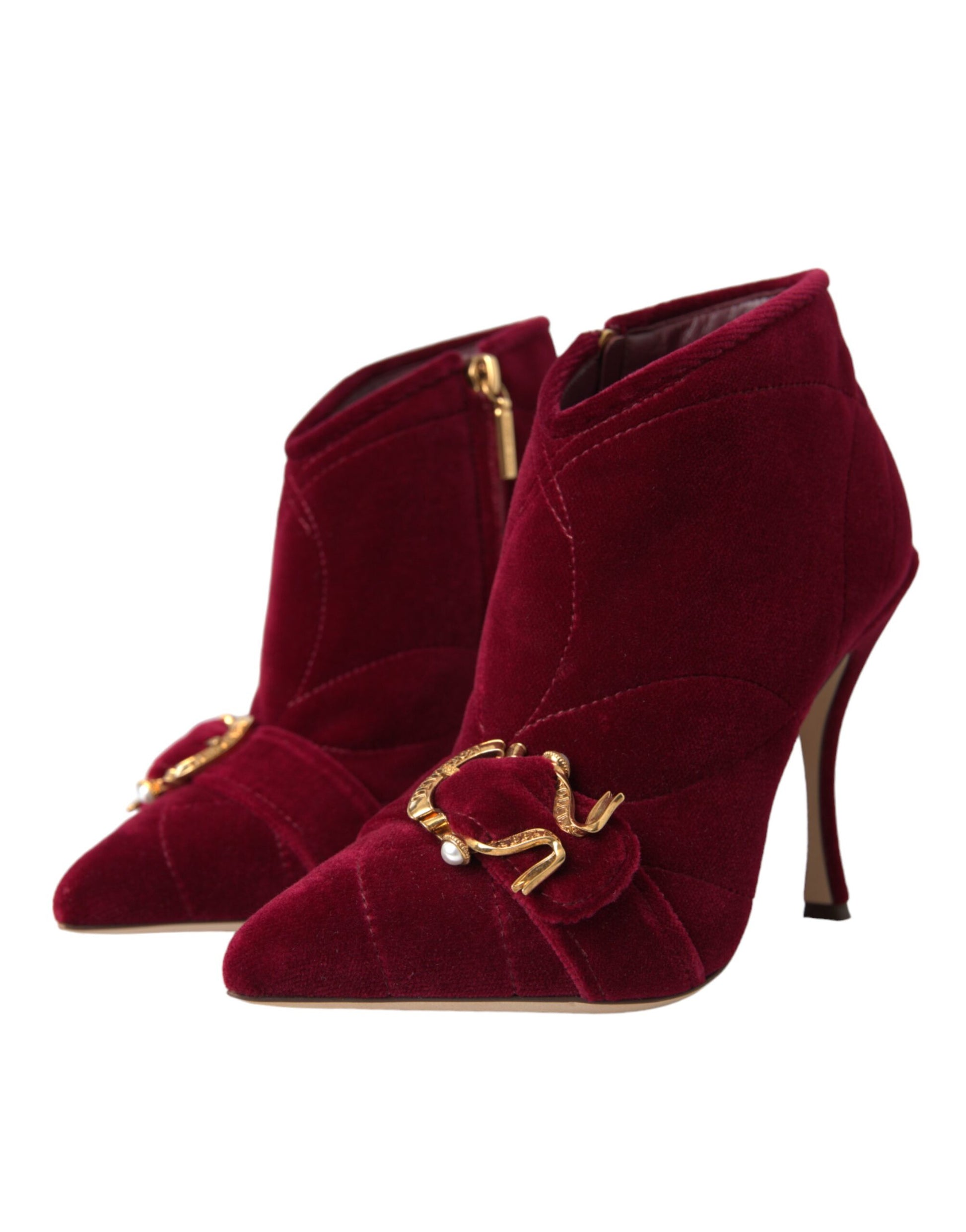 Dolce &amp; Gabbana Dunkelrote Samtstiefeletten mit Schnalle