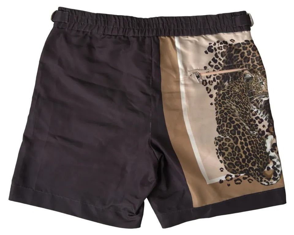 Dolce &amp; Gabbana Dunkelbraune Leoparden-Strandmode-Bademode-Shorts