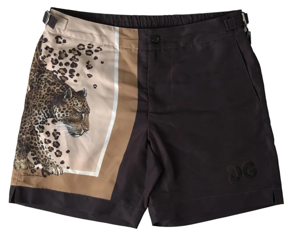 Dolce &amp; Gabbana Dunkelbraune Leoparden-Strandmode-Bademode-Shorts