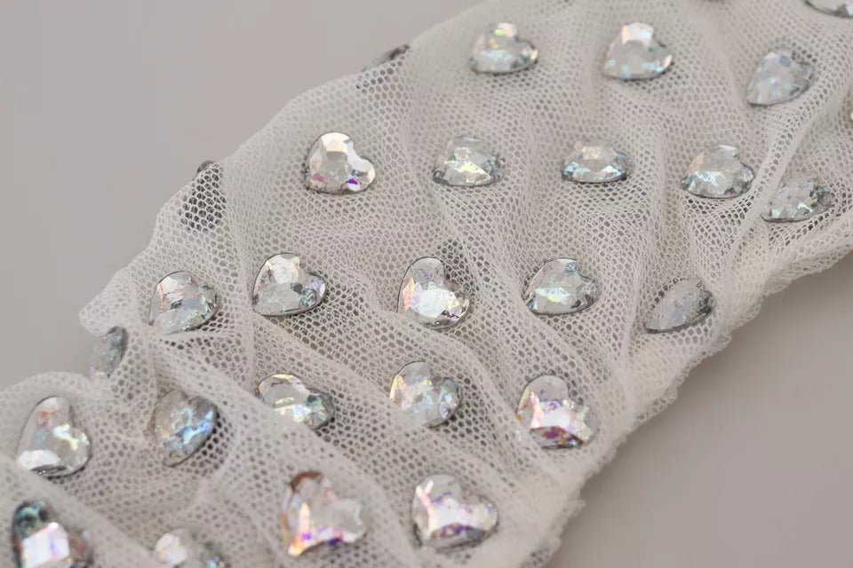Dolce &amp; Gabbana – Ellenbogenlange Handschuhe aus Baumwolltüll in Weiß mit Kristallen