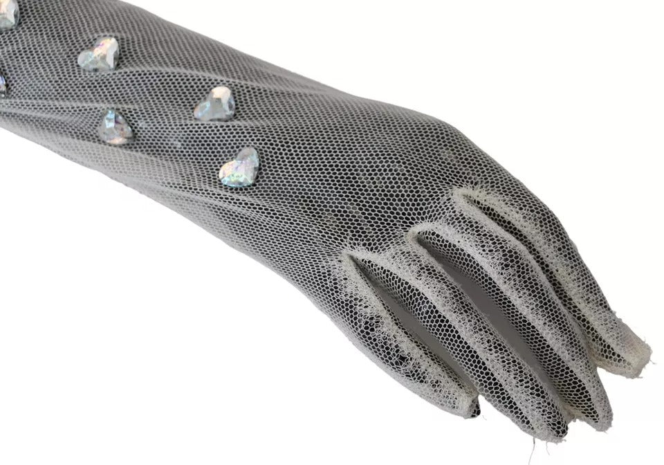 Dolce &amp; Gabbana – Ellenbogenlange Handschuhe aus Baumwolltüll in Weiß mit Kristallen