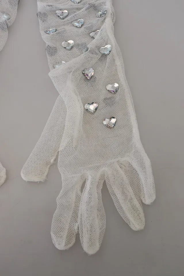 Dolce &amp; Gabbana – Ellenbogenlange Handschuhe aus Baumwolltüll in Weiß mit Kristallen
