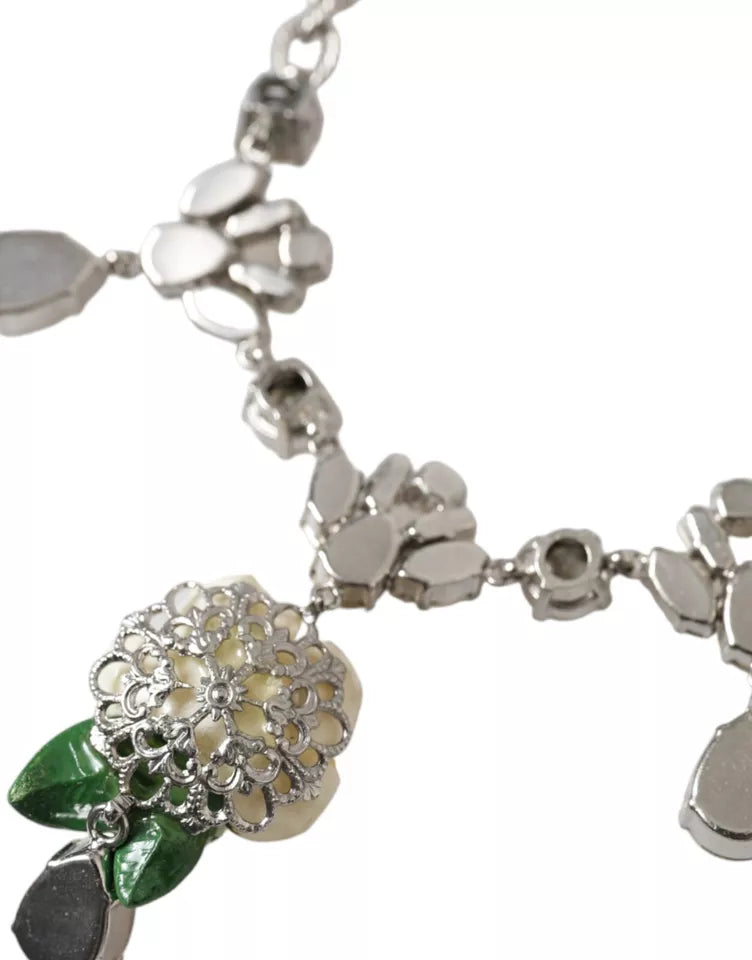 Dolce &amp; Gabbana – Halskette mit Rosenanhänger aus silbernem Messing mit durchsichtigen Kristallen