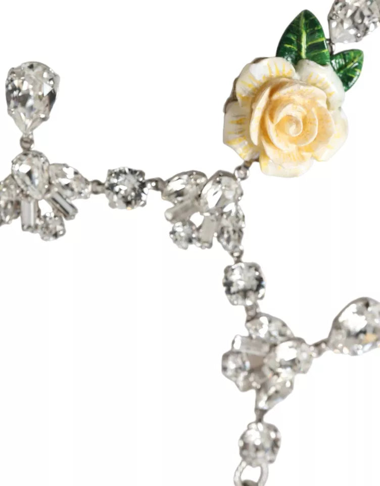 Dolce &amp; Gabbana – Halskette mit Rosenanhänger aus silbernem Messing mit durchsichtigen Kristallen