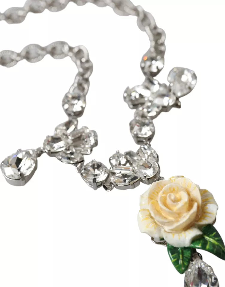 Dolce &amp; Gabbana – Halskette mit Rosenanhänger aus silbernem Messing mit durchsichtigen Kristallen