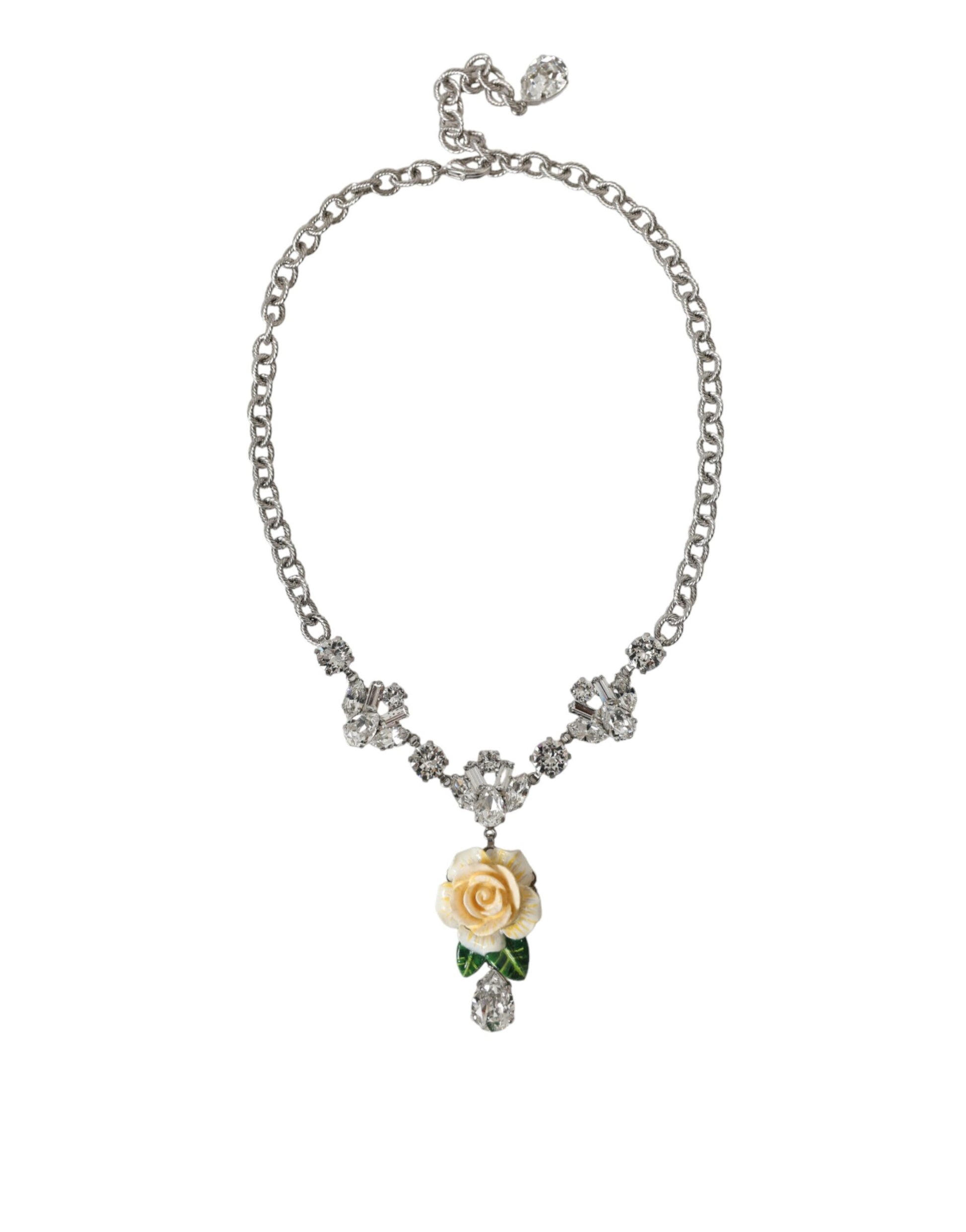 Dolce &amp; Gabbana – Halskette mit Rosenanhänger aus silbernem Messing mit durchsichtigen Kristallen