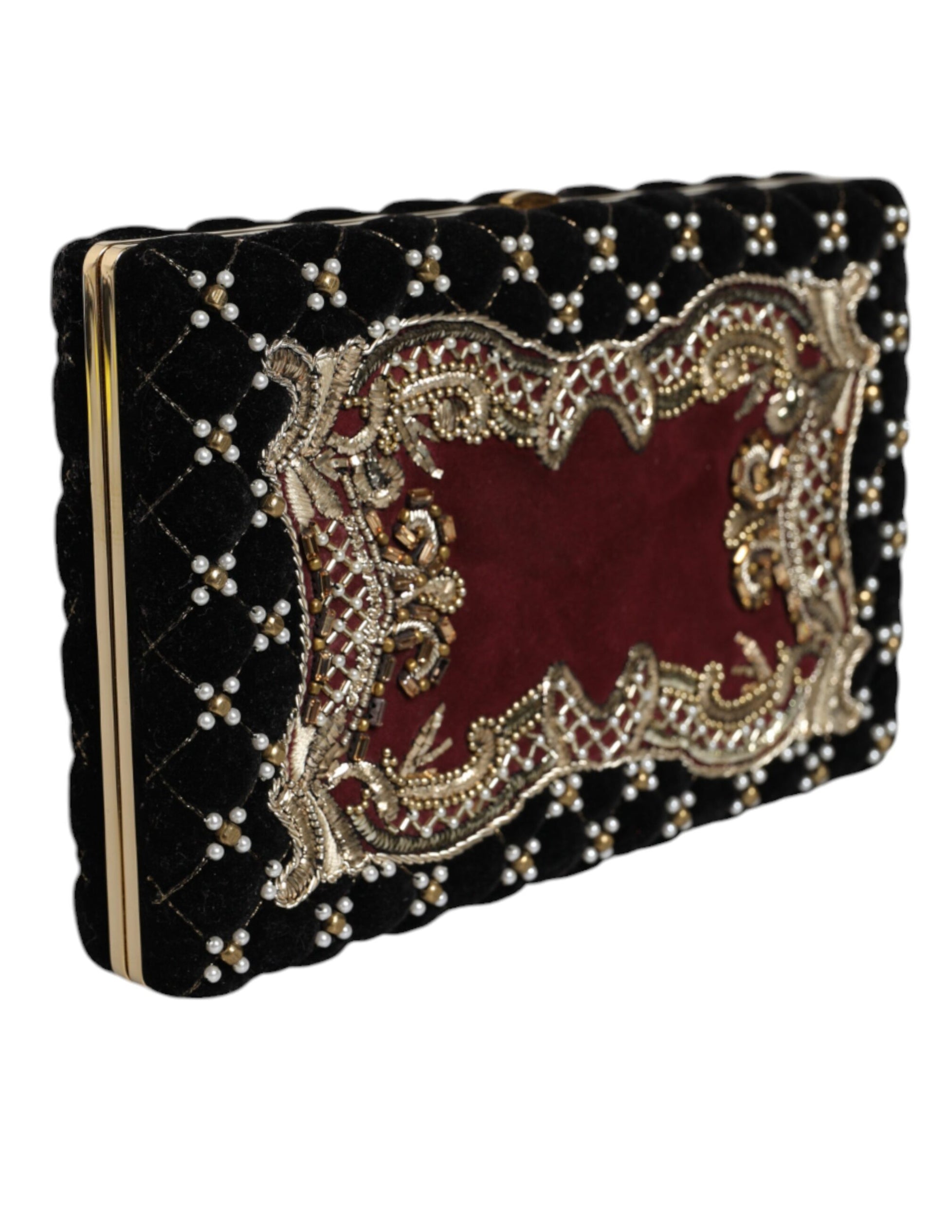 Dolce &amp; Gabbana Bordeaux Schwarz Samt Gold Rahmen Clutch Abend Handtasche
