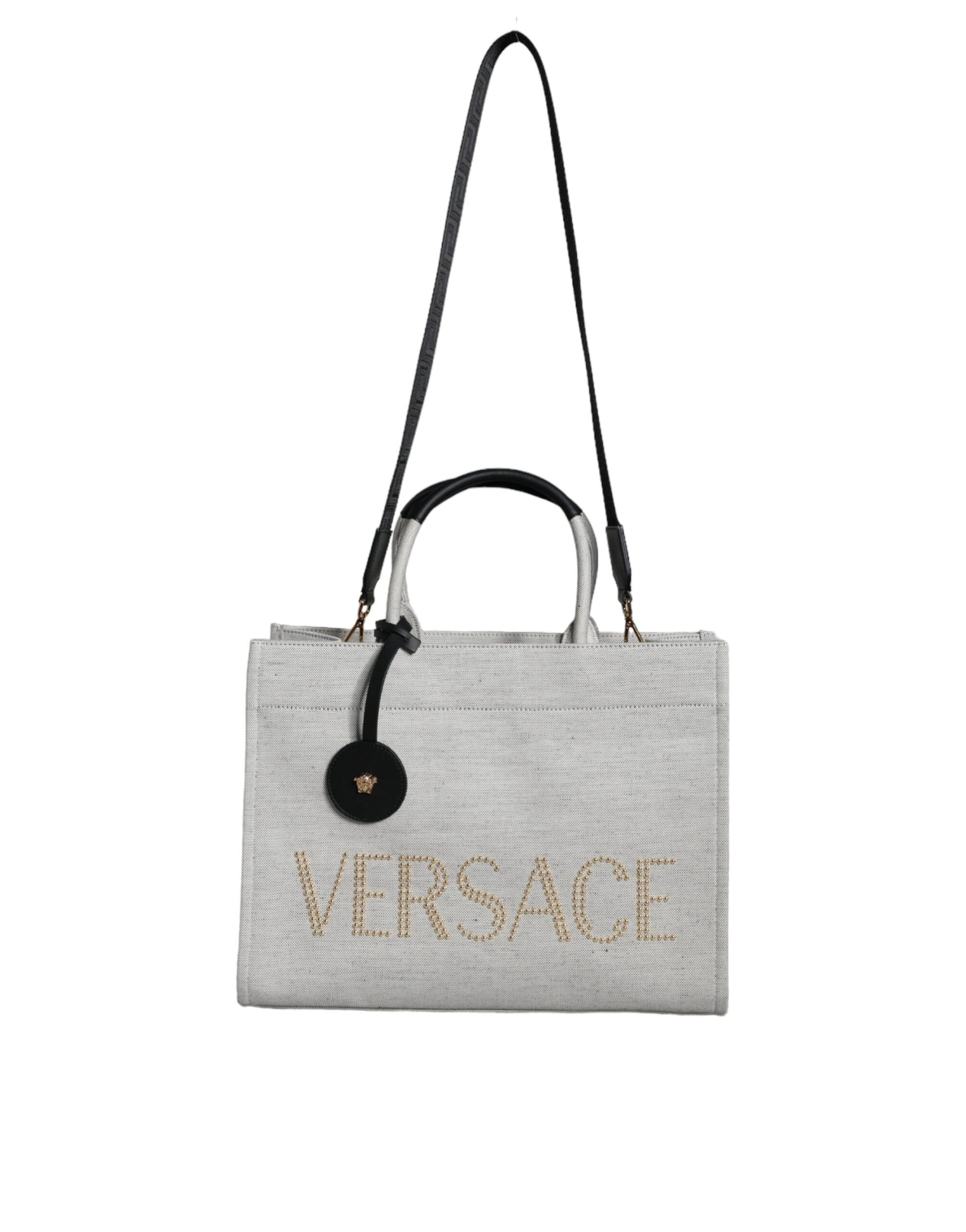 Versace – Weiße Umhängetasche aus Canvas und Leder mit Logo