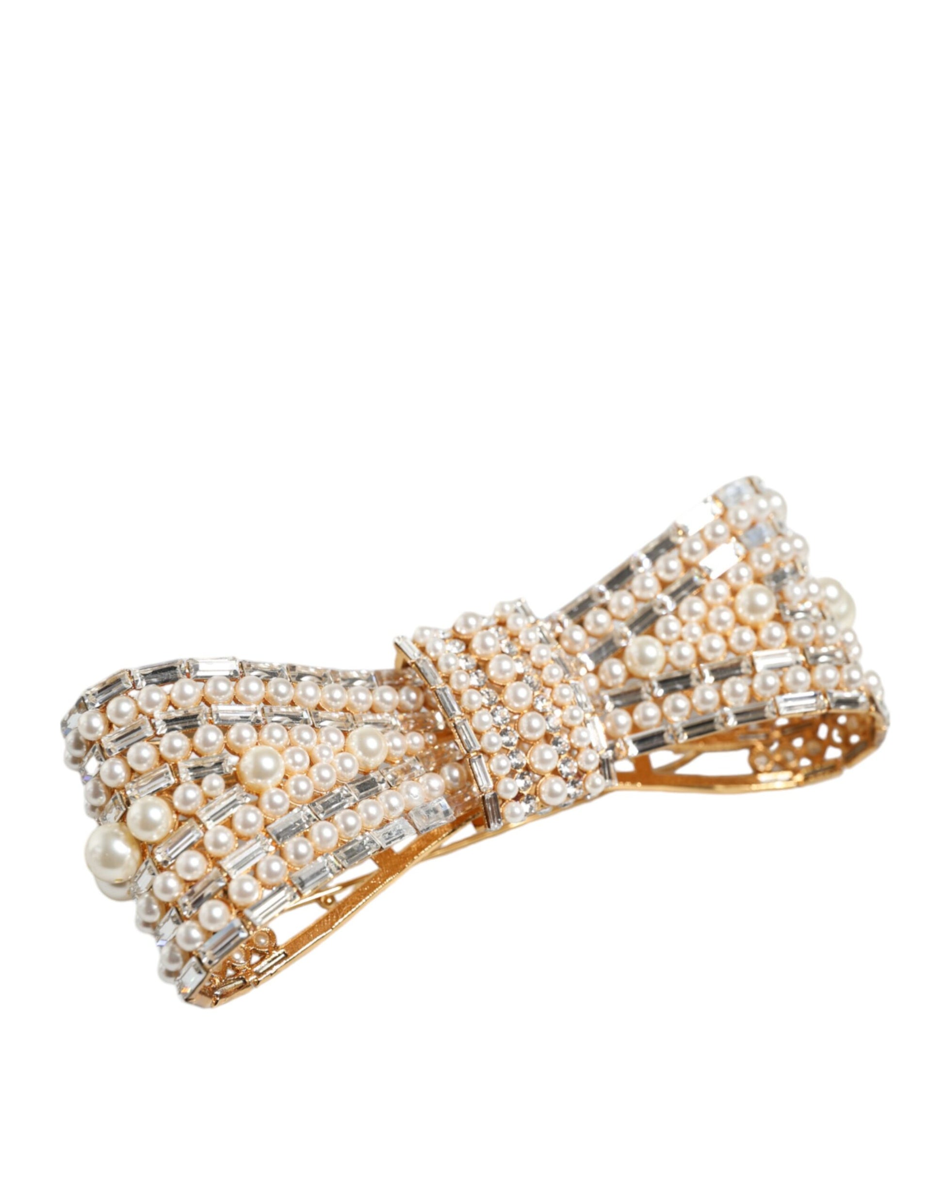 Dolce &amp; Gabbana Brosche aus goldfarbenem Messing mit Schleife und Kristall-Kunstperlen