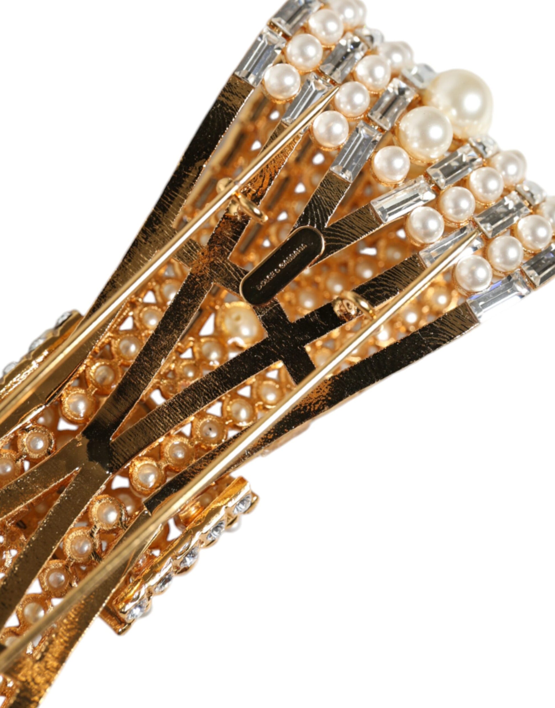Dolce &amp; Gabbana Brosche aus goldfarbenem Messing mit Schleife und Kristall-Kunstperlen