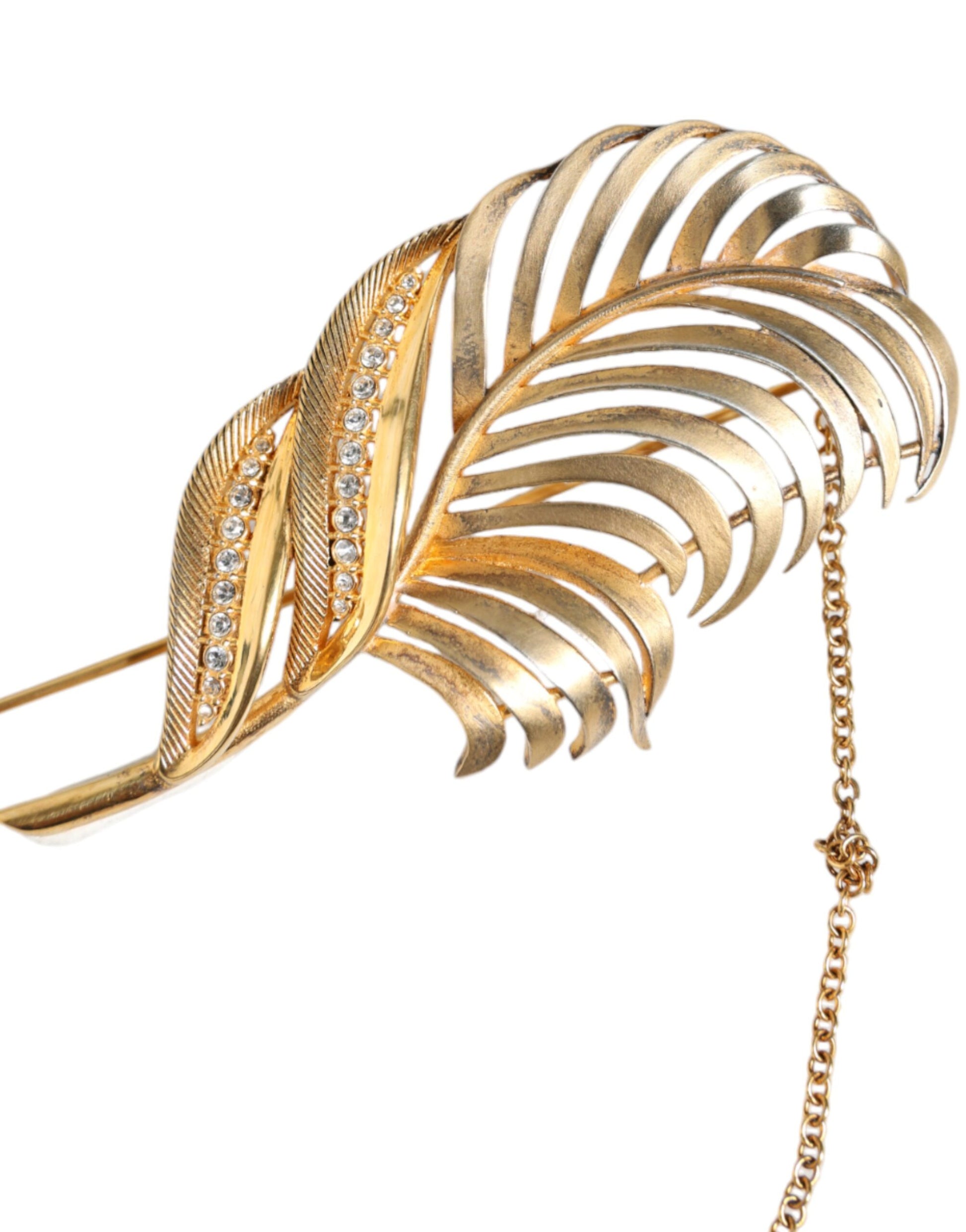 Dolce &amp; Gabbana Goldfarbene 925er Sterlingsilber-Brosche mit Blatt- und Kristallketten