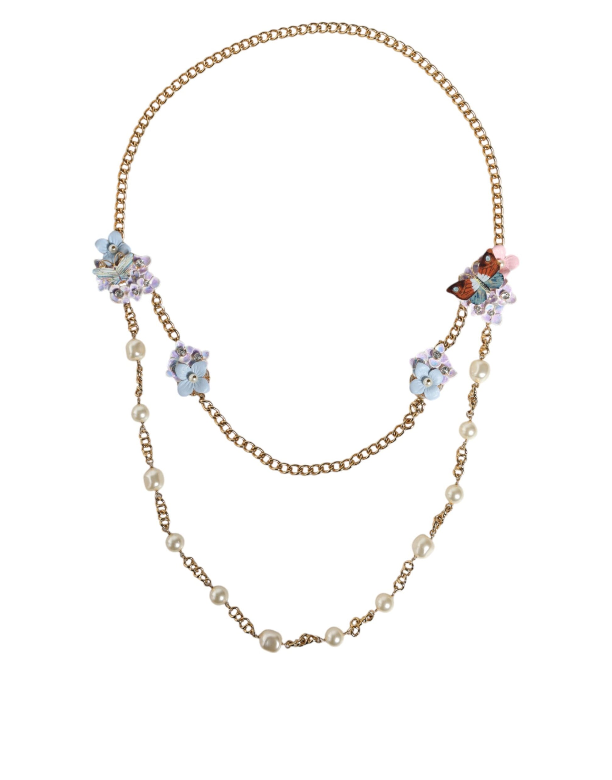 Dolce &amp; Gabbana – Halskette mit floralem Muster und mehrlagiger Kristallperle und goldener Kette aus Messing