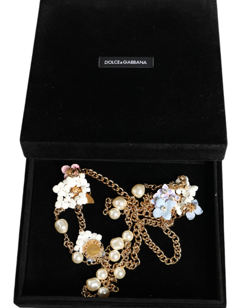 Dolce &amp; Gabbana – Halskette mit floralem Muster und mehrlagiger Kristallperle und goldener Kette aus Messing