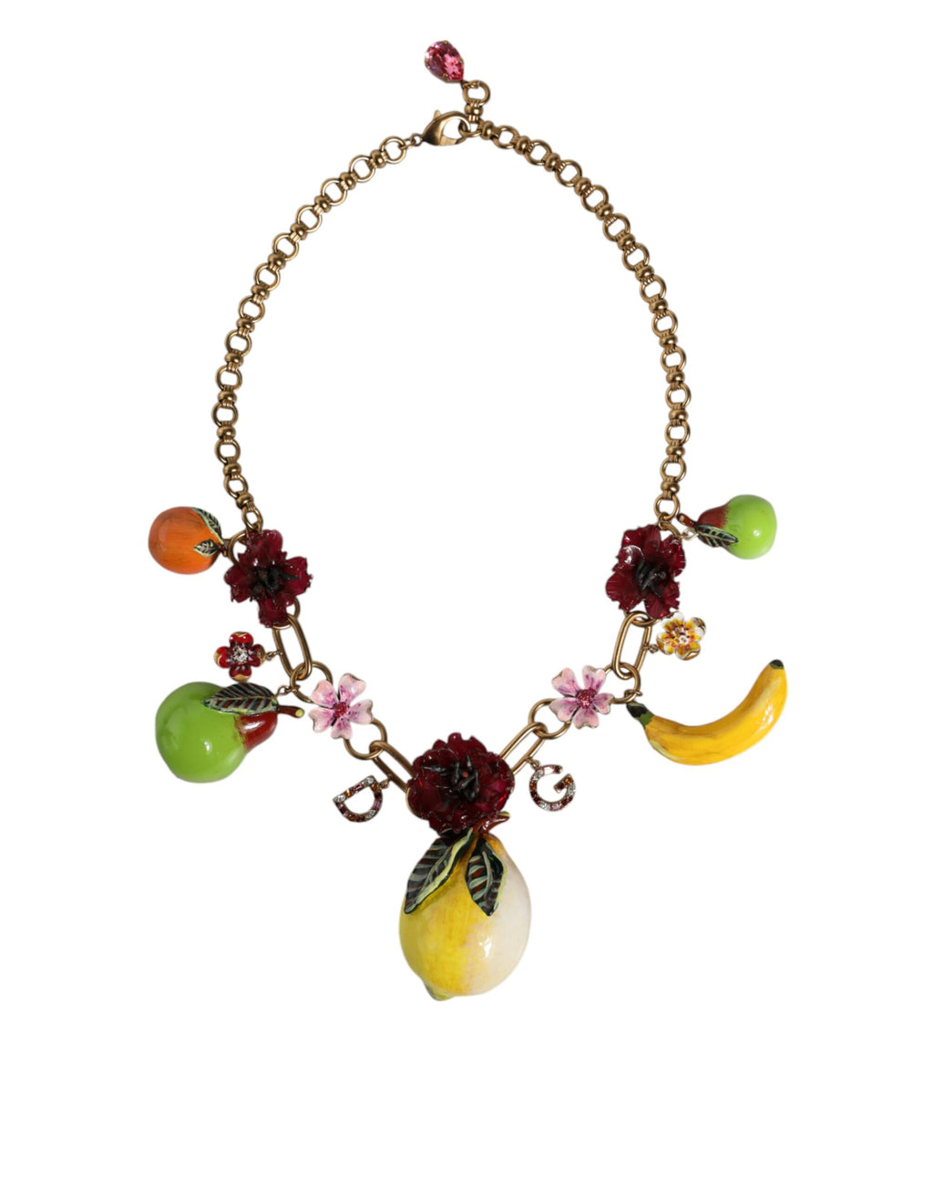 Dolce &amp; Gabbana Halskette mit Fruchtanhängern und Blumen und Kristalllogo aus goldenem Messing