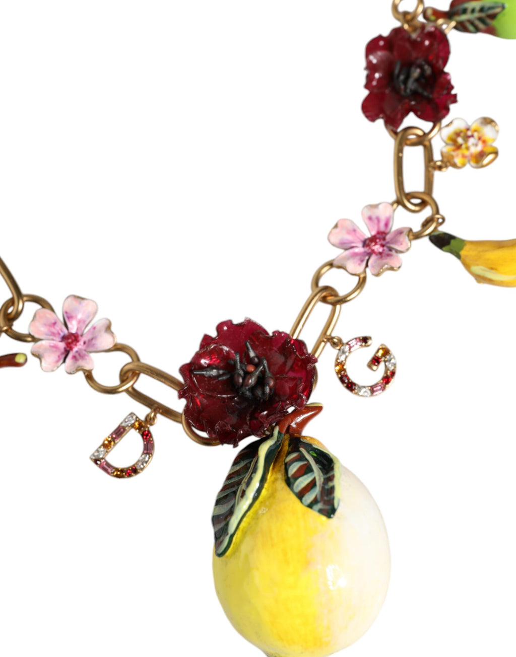Dolce &amp; Gabbana Halskette mit Fruchtanhängern und Blumen und Kristalllogo aus goldenem Messing