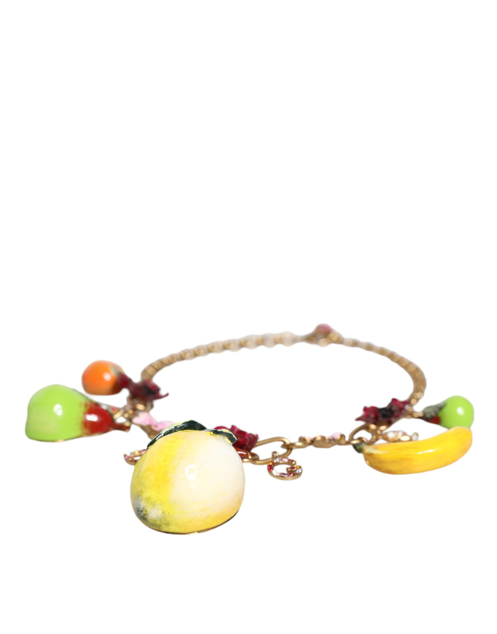 Dolce &amp; Gabbana Halskette mit Fruchtanhängern und Blumen und Kristalllogo aus goldenem Messing