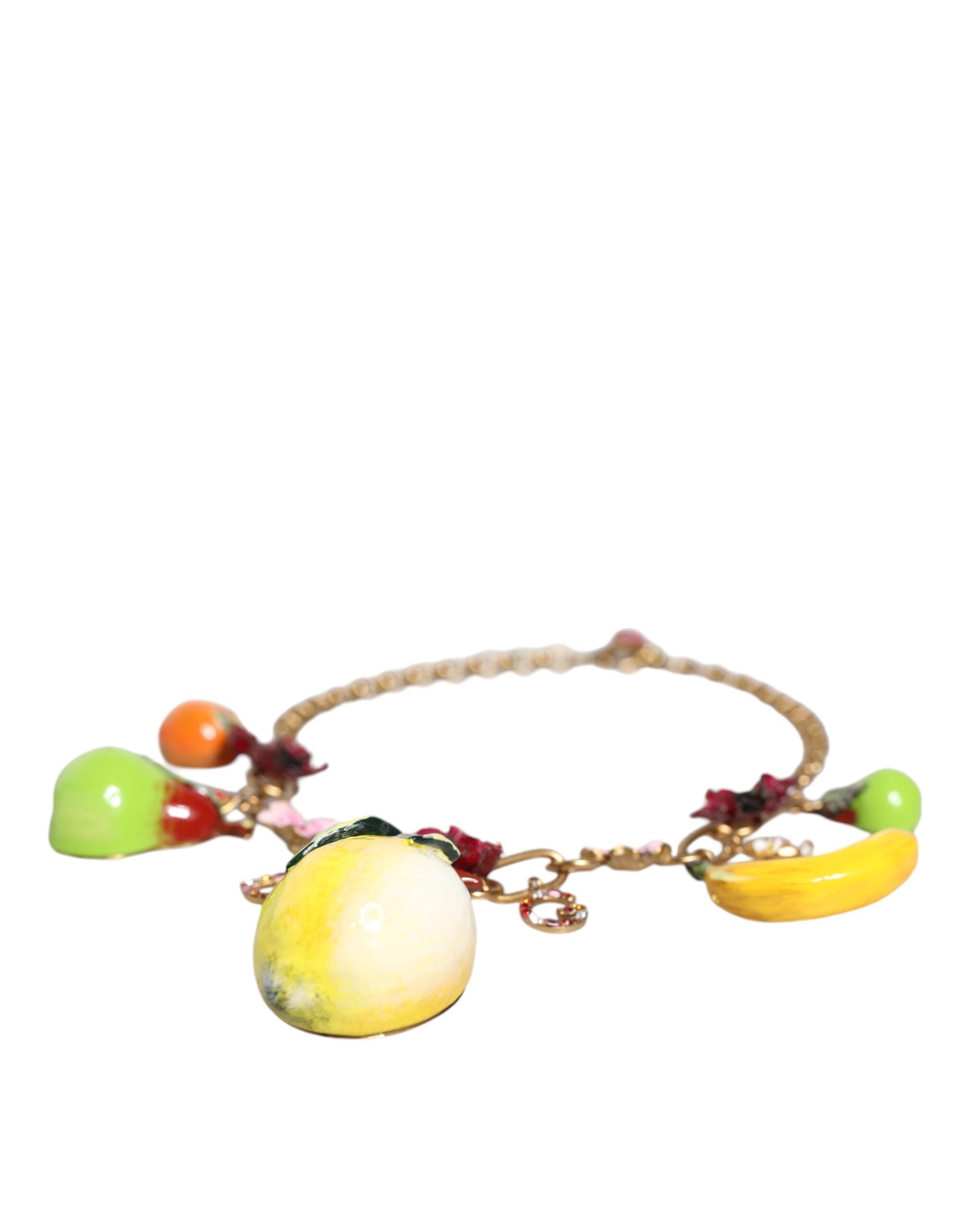 Dolce &amp; Gabbana Halskette mit Fruchtanhängern und Blumen und Kristalllogo aus goldenem Messing