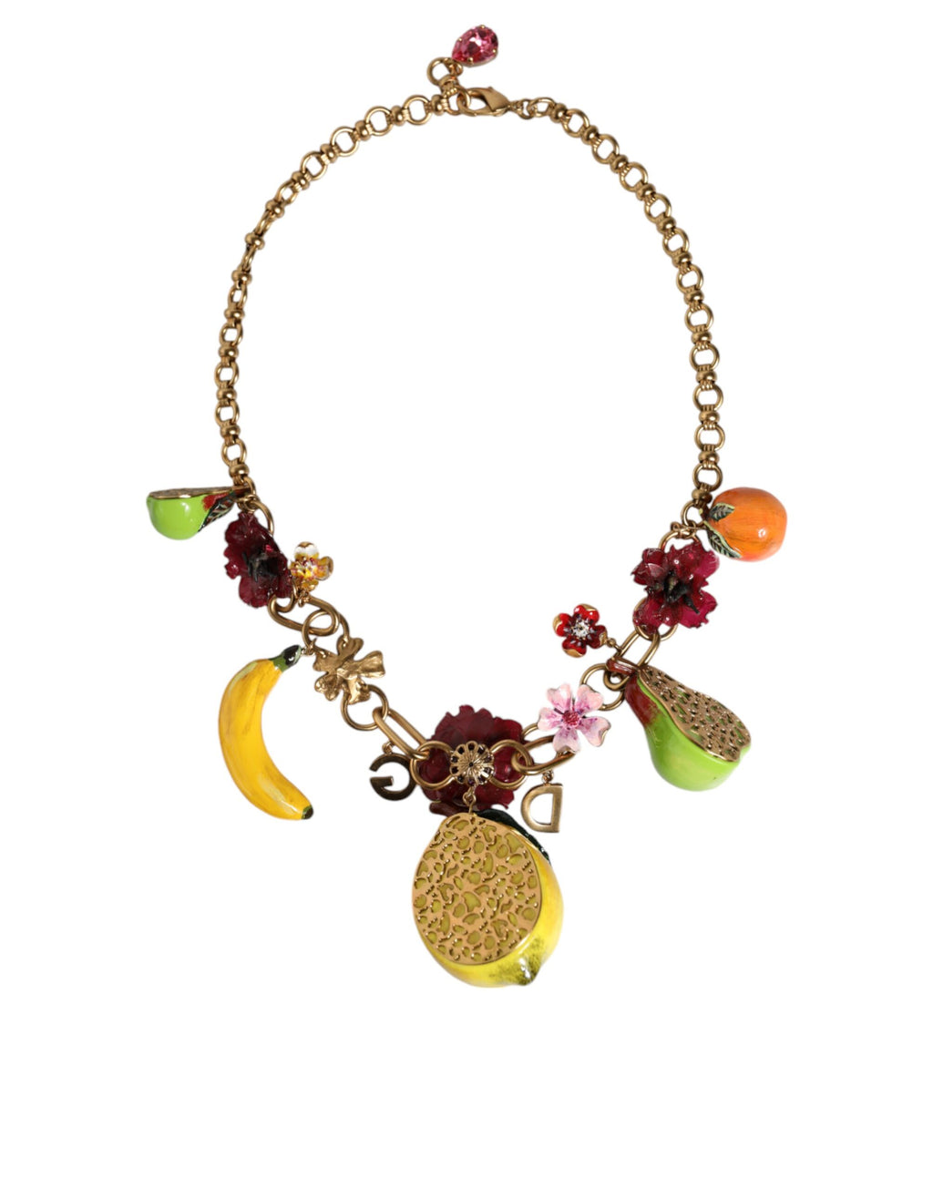 Dolce &amp; Gabbana Halskette mit Fruchtanhängern und Blumen und Kristalllogo aus goldenem Messing