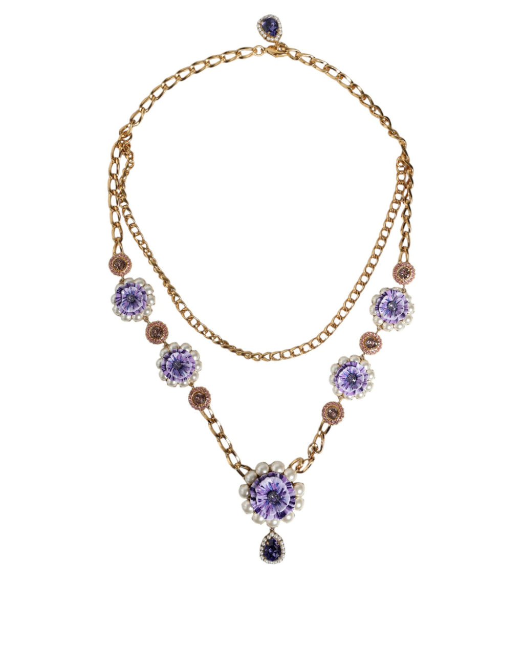 Dolce &amp; Gabbana – Goldfarbene, mehrreihige Halskette mit floralen Kristallen
