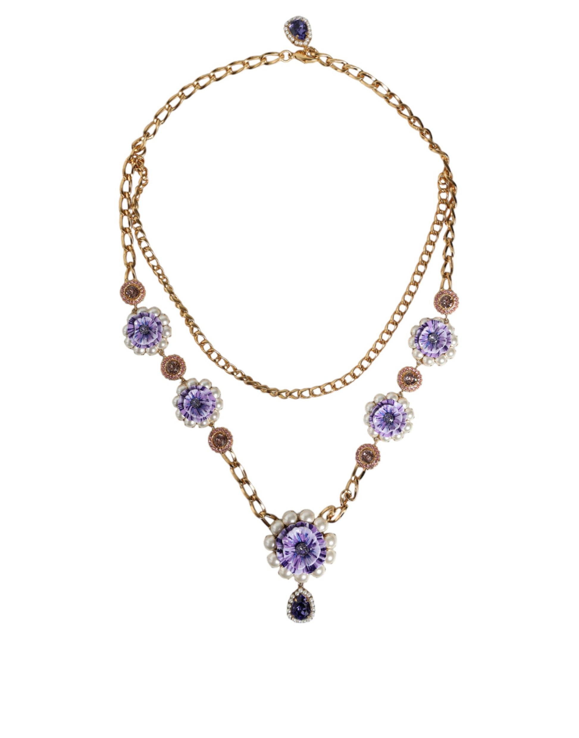 Dolce &amp; Gabbana – Goldfarbene, mehrreihige Halskette mit floralen Kristallen