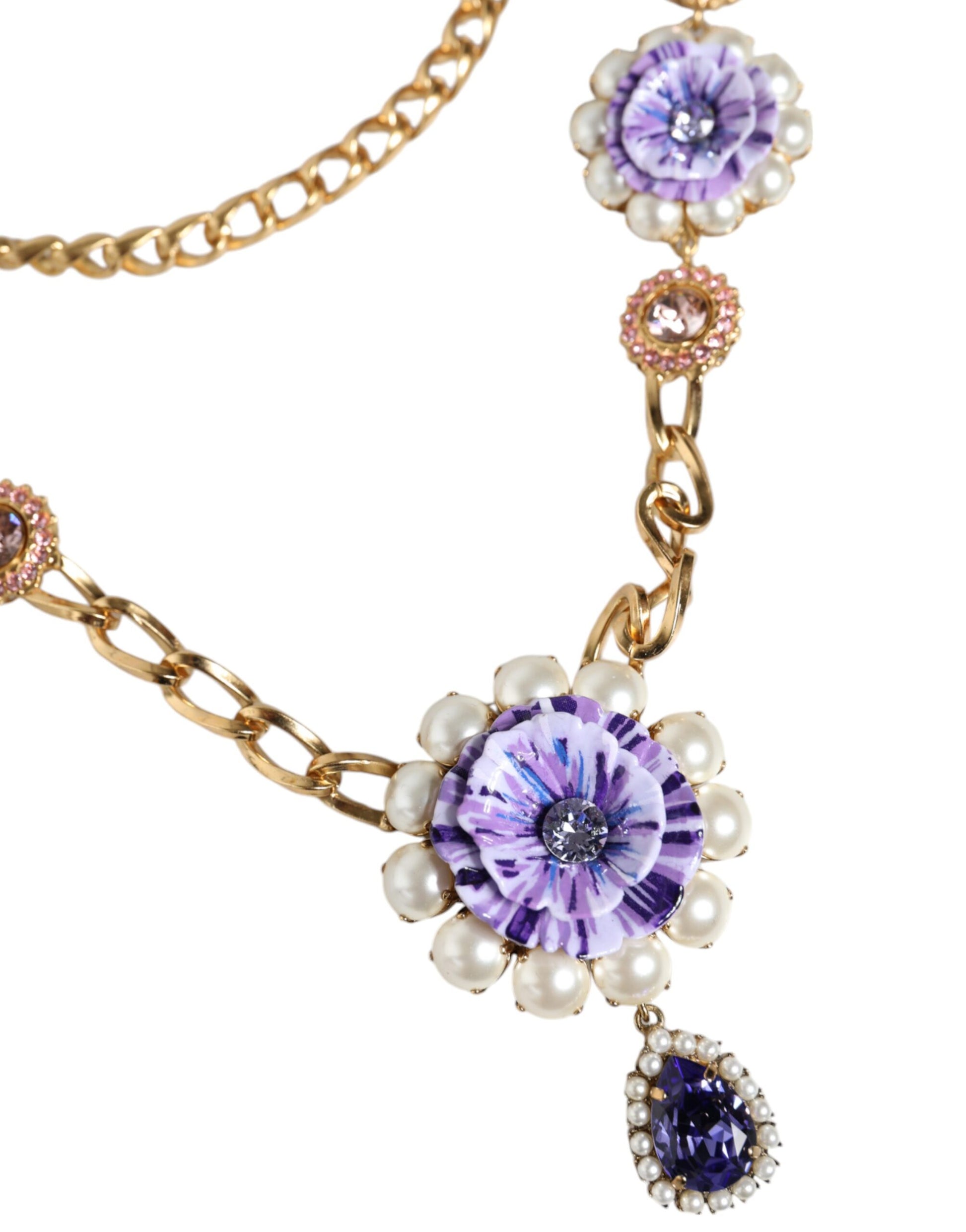 Dolce &amp; Gabbana – Goldfarbene, mehrreihige Halskette mit floralen Kristallen