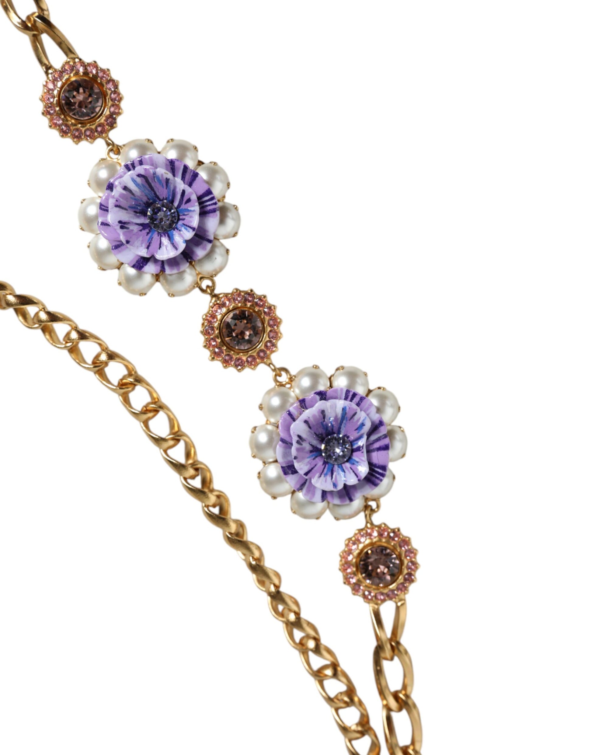 Dolce &amp; Gabbana – Goldfarbene, mehrreihige Halskette mit floralen Kristallen