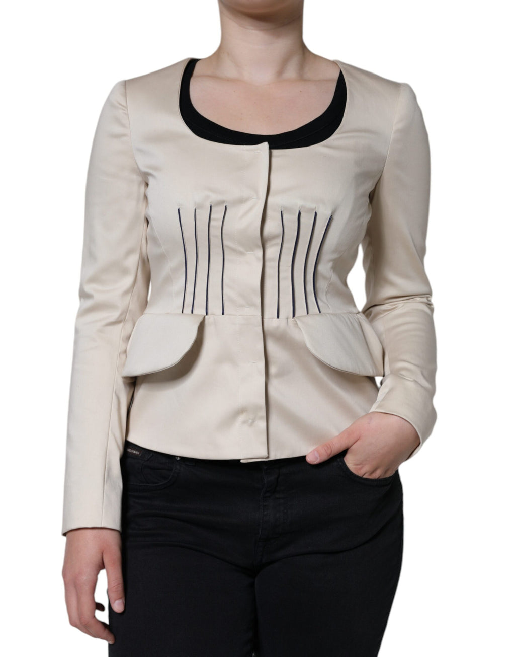 Valentino Beige Blazerjacke aus Baumwolle mit langen Ärmeln und Rundhalsausschnitt