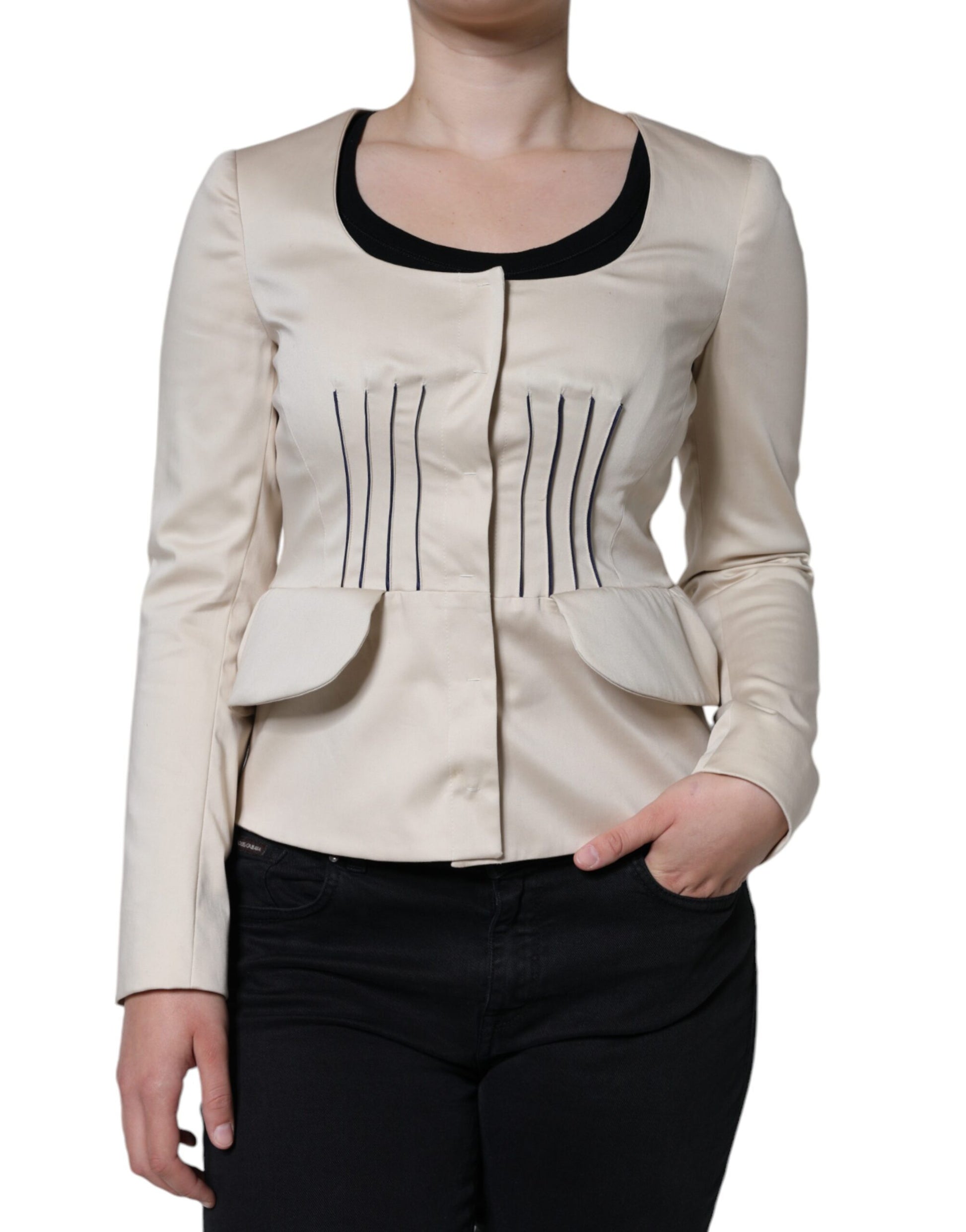 Valentino Beige Blazerjacke aus Baumwolle mit langen Ärmeln und Rundhalsausschnitt