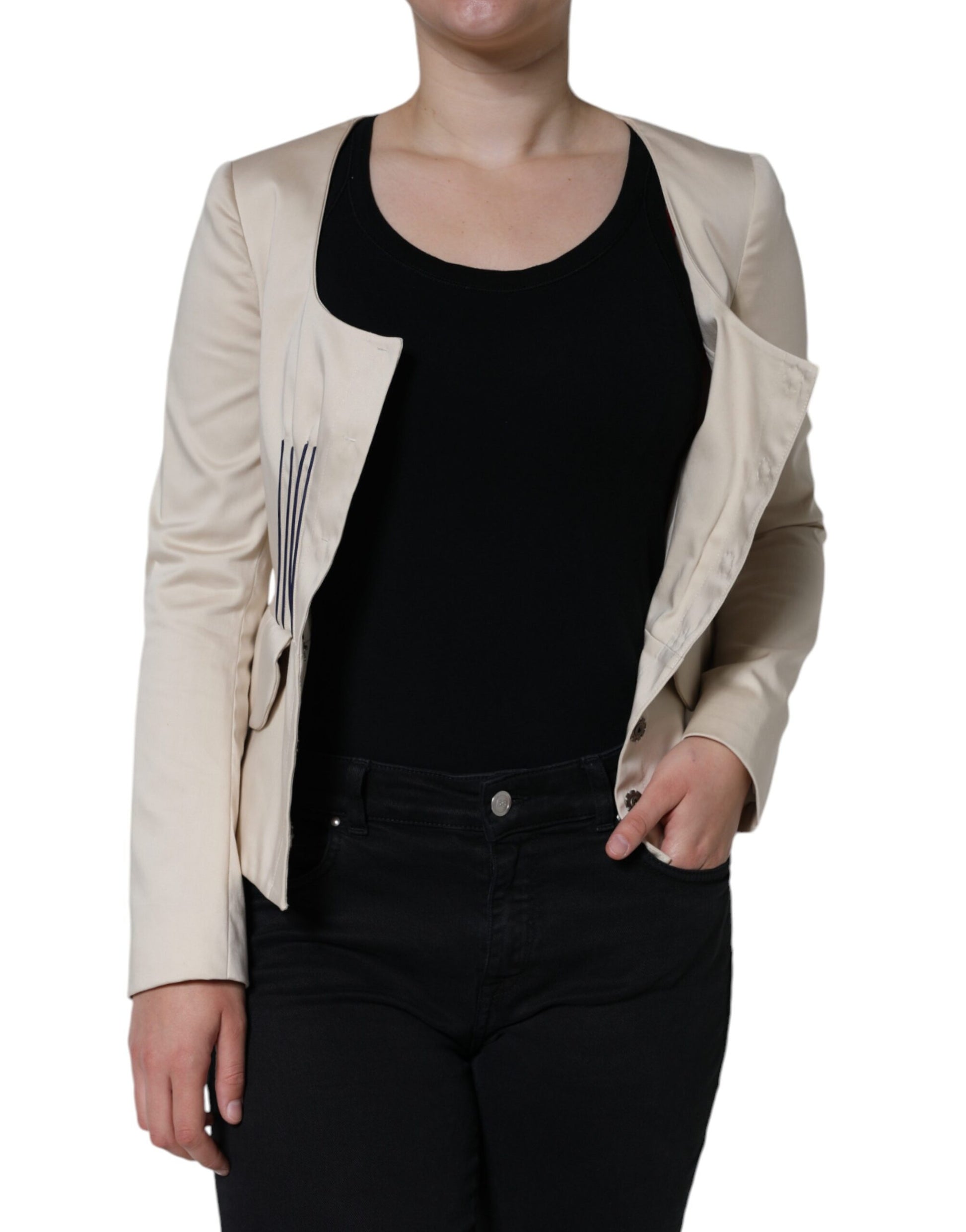 Valentino Beige Blazerjacke aus Baumwolle mit langen Ärmeln und Rundhalsausschnitt
