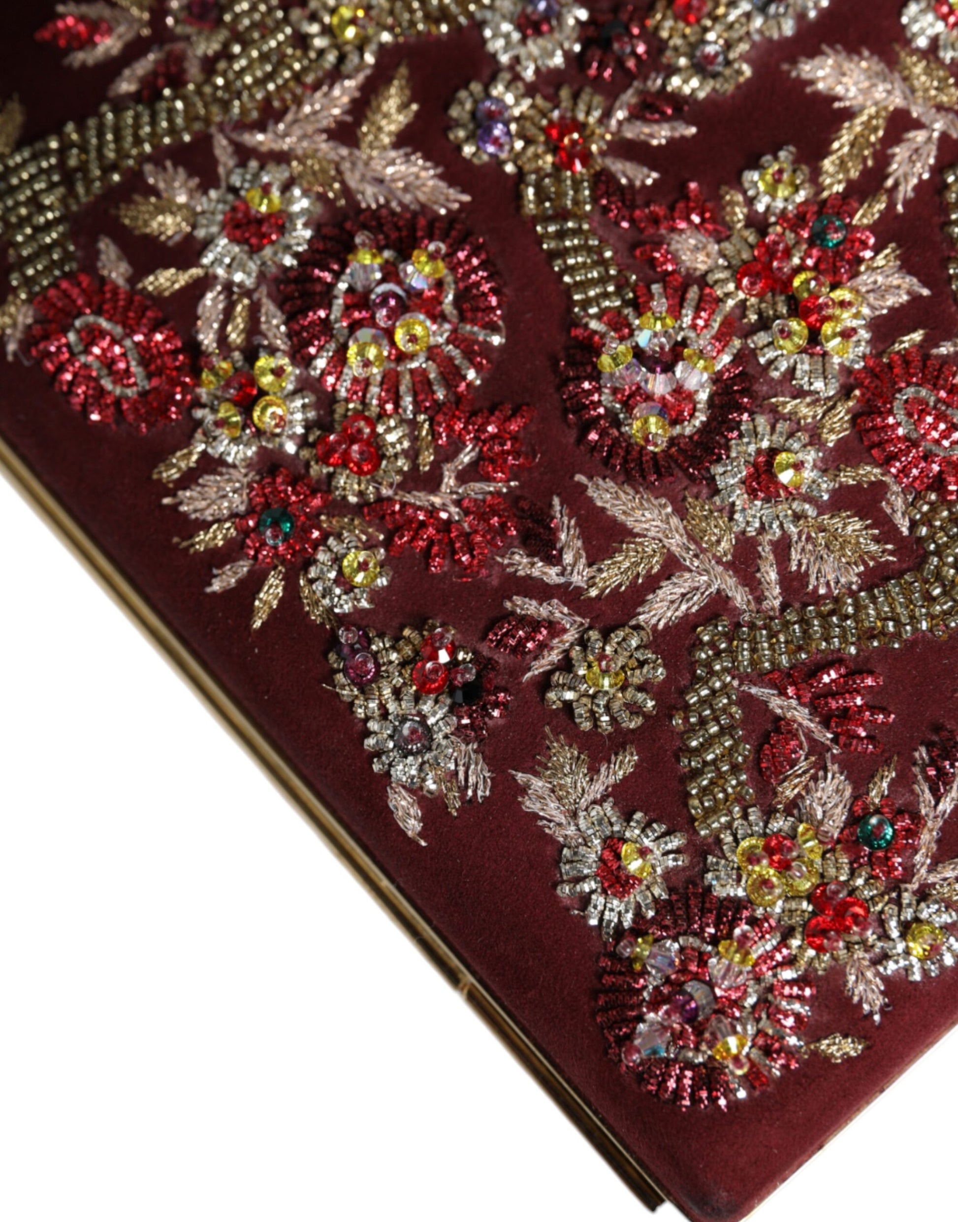 Dolce &amp; Gabbana – Bordeauxfarbene Clutch aus Samt mit Goldrahmen und Abendtasche
