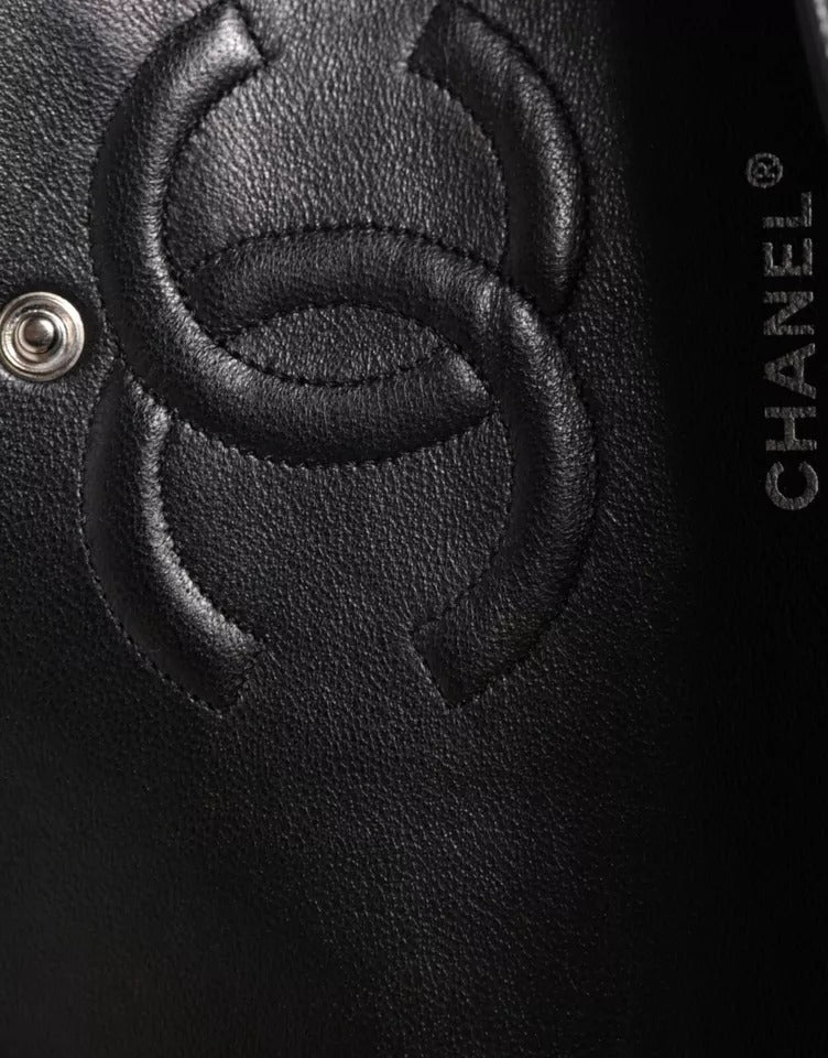 Chanel Black Caviar Medium Classic Doppelklappe Schultertasche gesteppt Silber