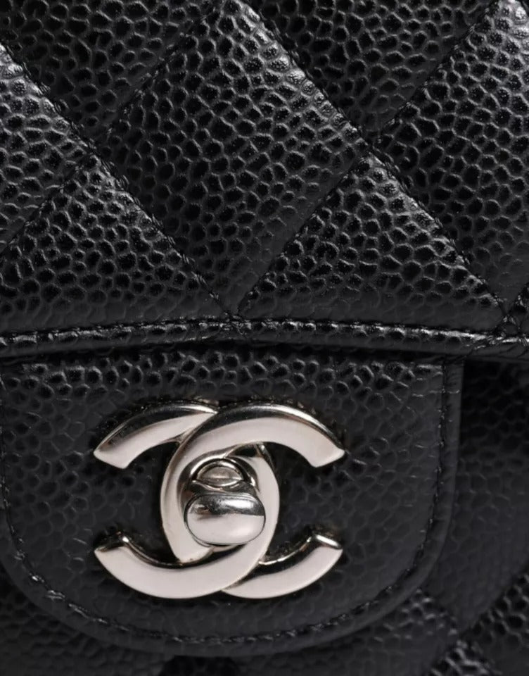 Chanel Black Caviar Medium Classic Doppelklappe Schultertasche gesteppt Silber