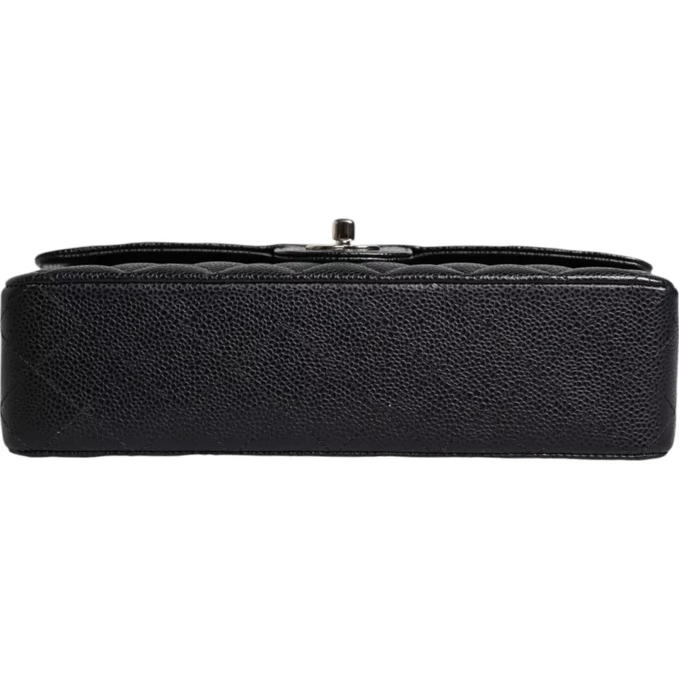 Chanel Black Caviar Medium Classic Doppelklappe Schultertasche gesteppt Silber