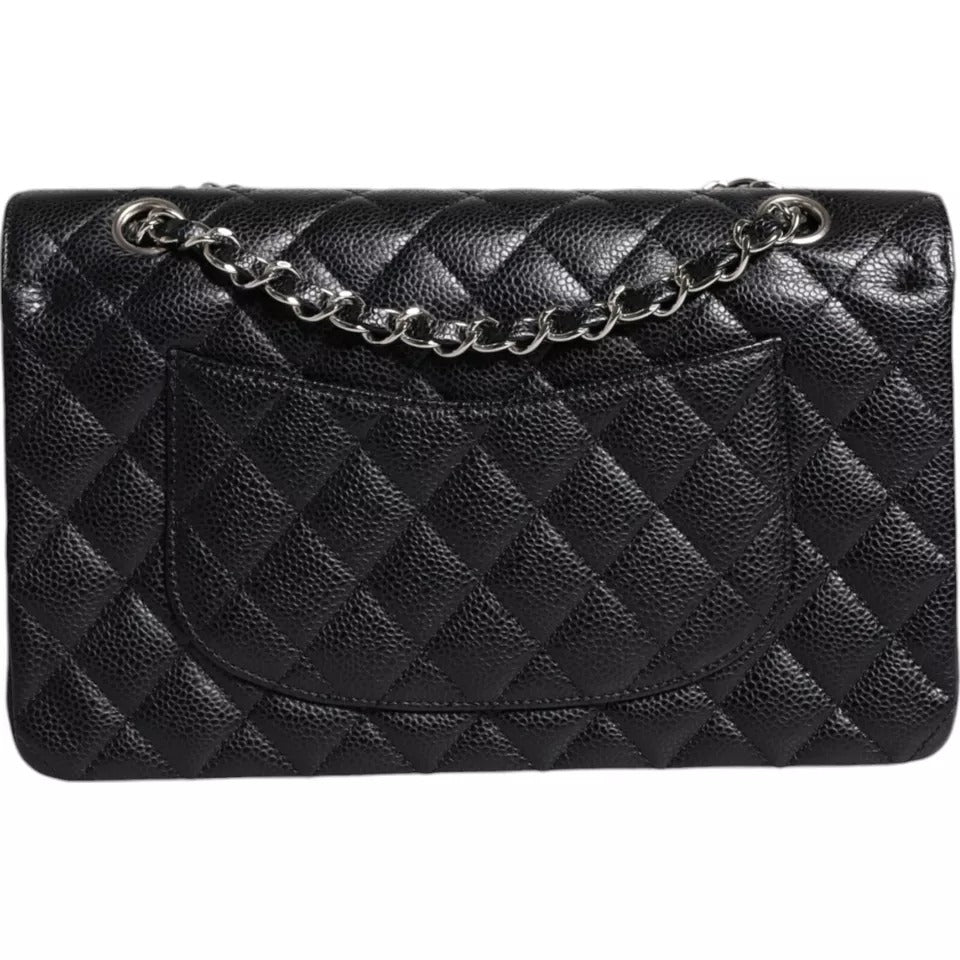 Chanel Black Caviar Medium Classic Doppelklappe Schultertasche gesteppt Silber