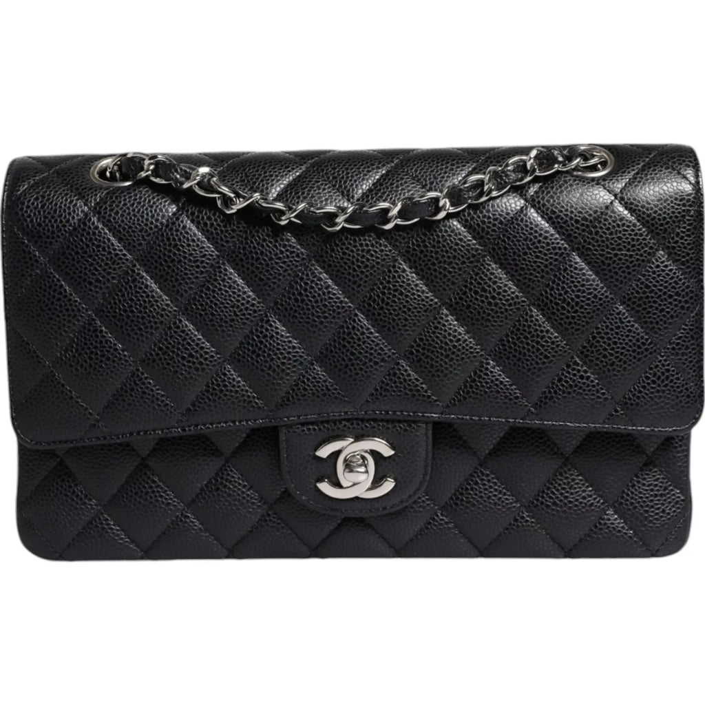 Chanel Black Caviar Medium Classic Doppelklappe Schultertasche gesteppt Silber