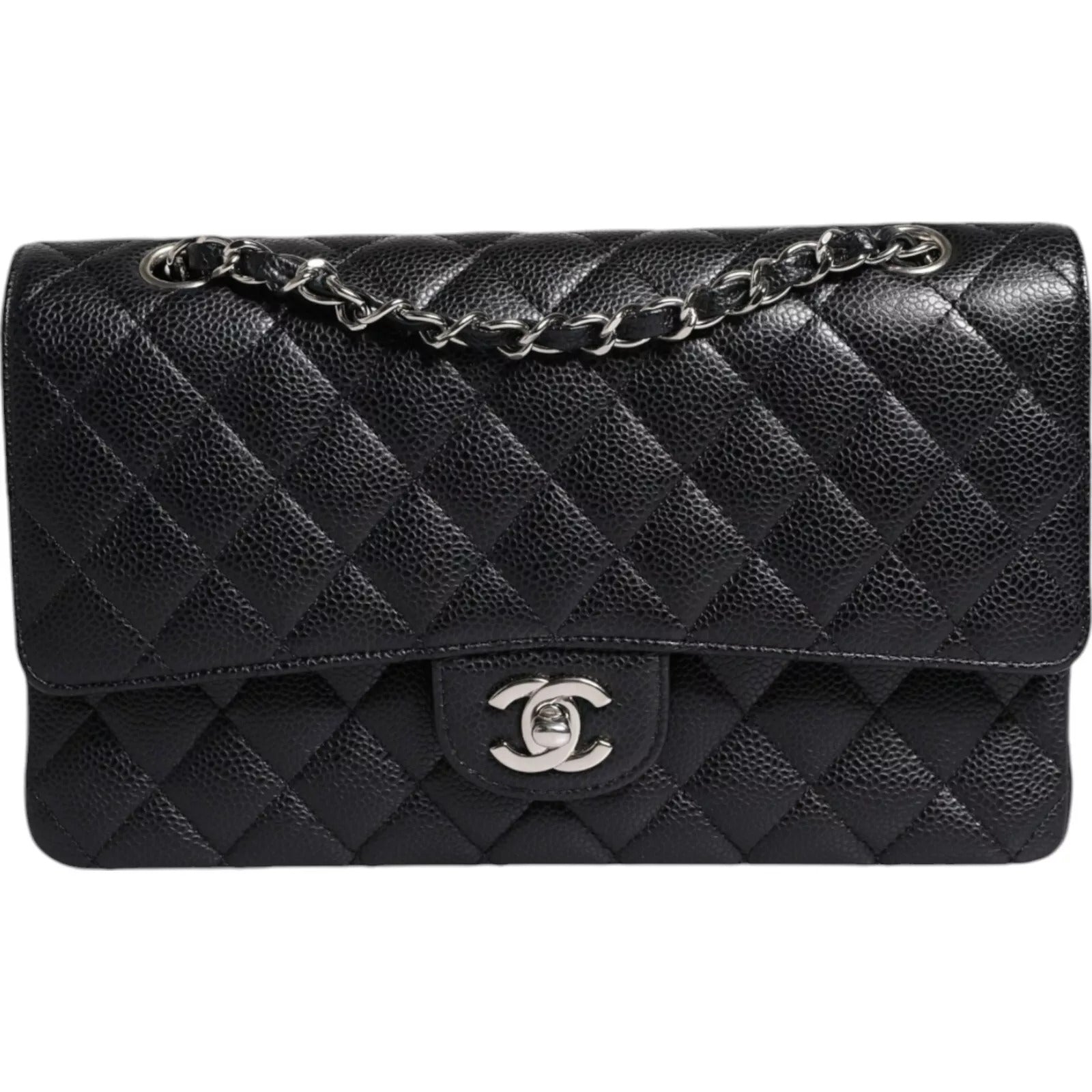 Chanel Black Caviar Medium Classic Doppelklappe Schultertasche gesteppt Silber