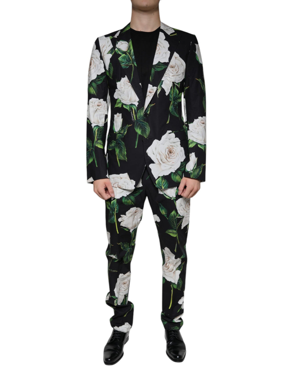 Dolce &amp; Gabbana – Schwarzer formeller 2-teiliger Anzug aus Baumwolle mit Rosenmuster für Herren