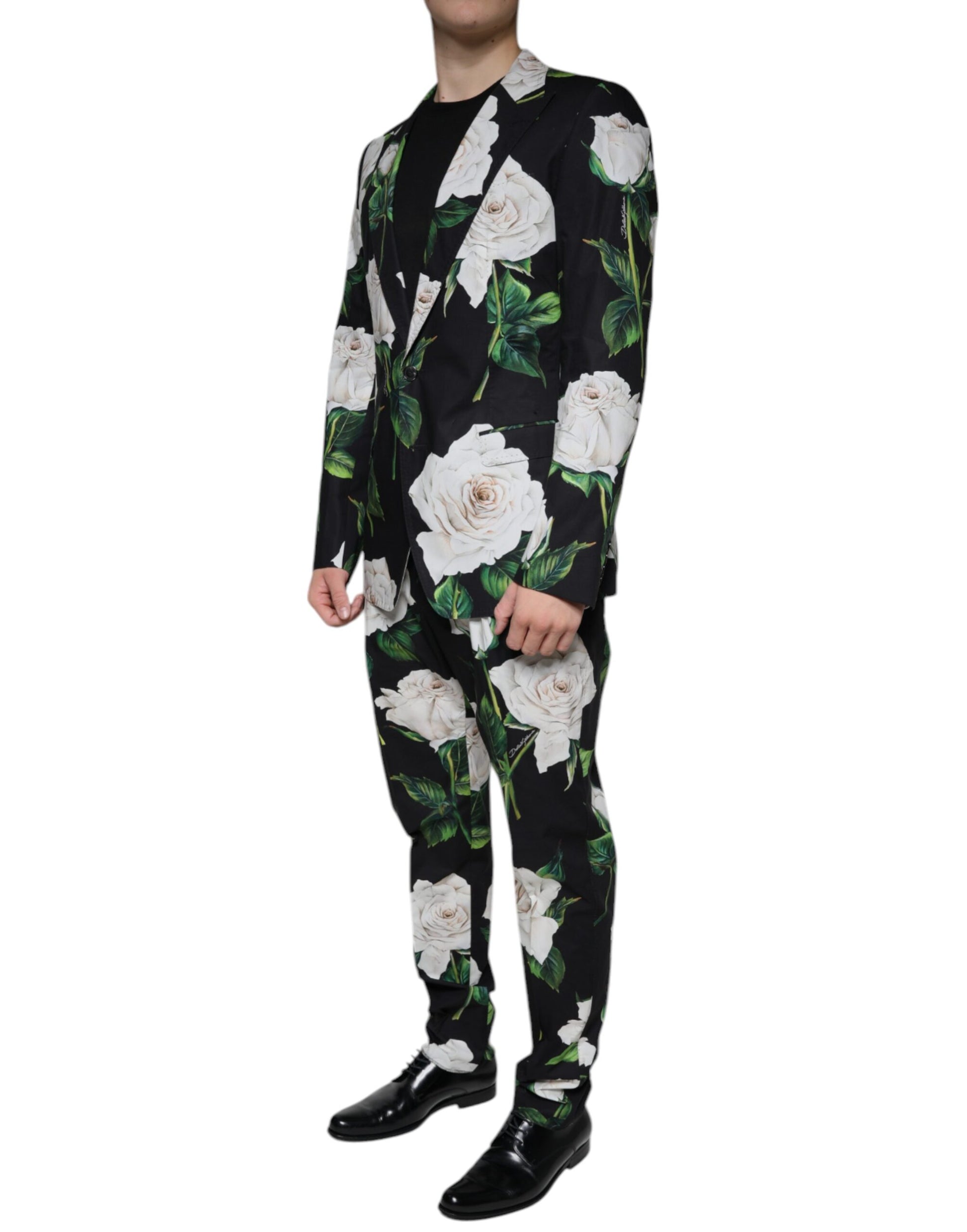 Dolce &amp; Gabbana – Schwarzer formeller 2-teiliger Anzug aus Baumwolle mit Rosenmuster für Herren