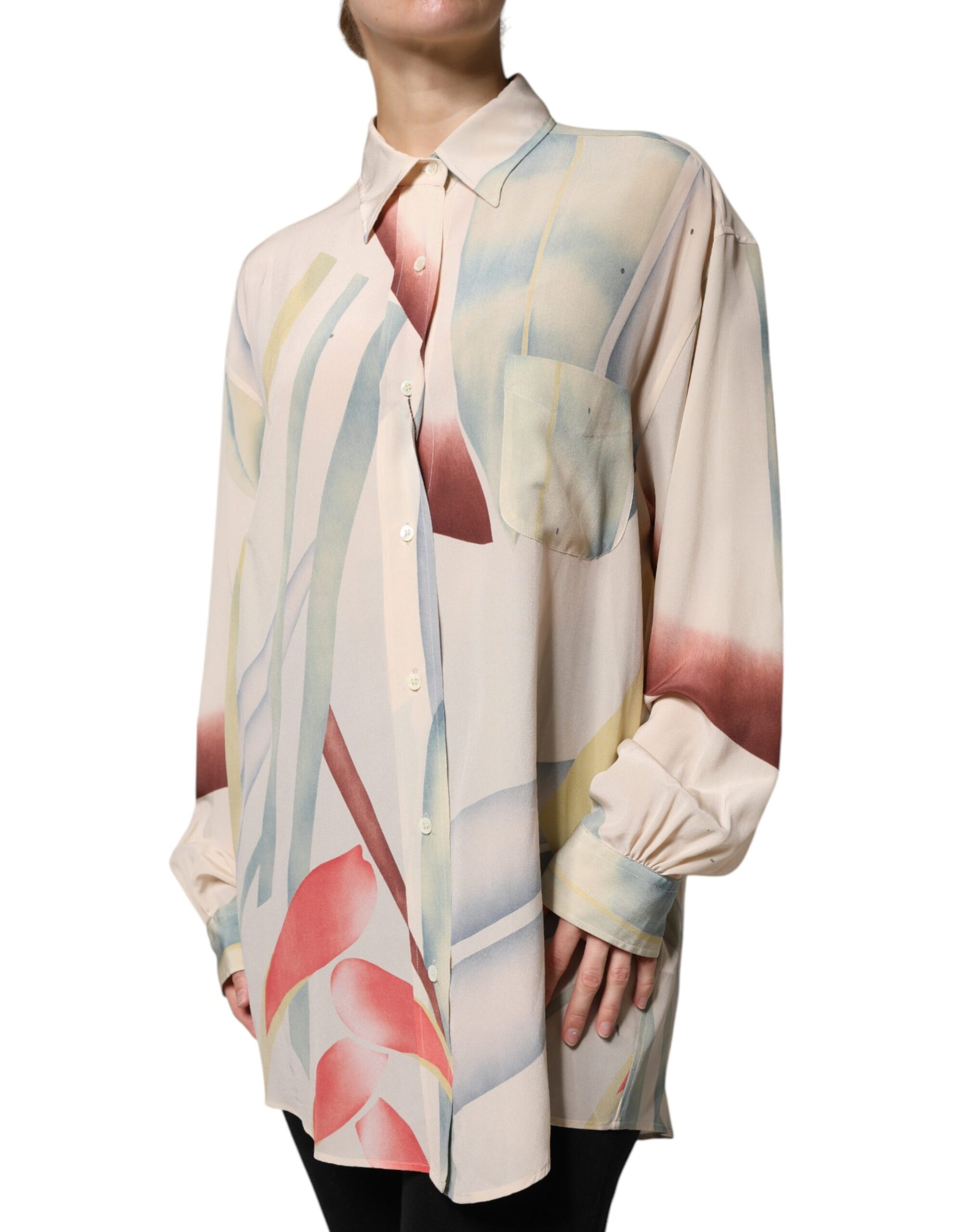 Etro Beige bedrucktes Blusentop mit Kragen und Knöpfen und langen Ärmeln