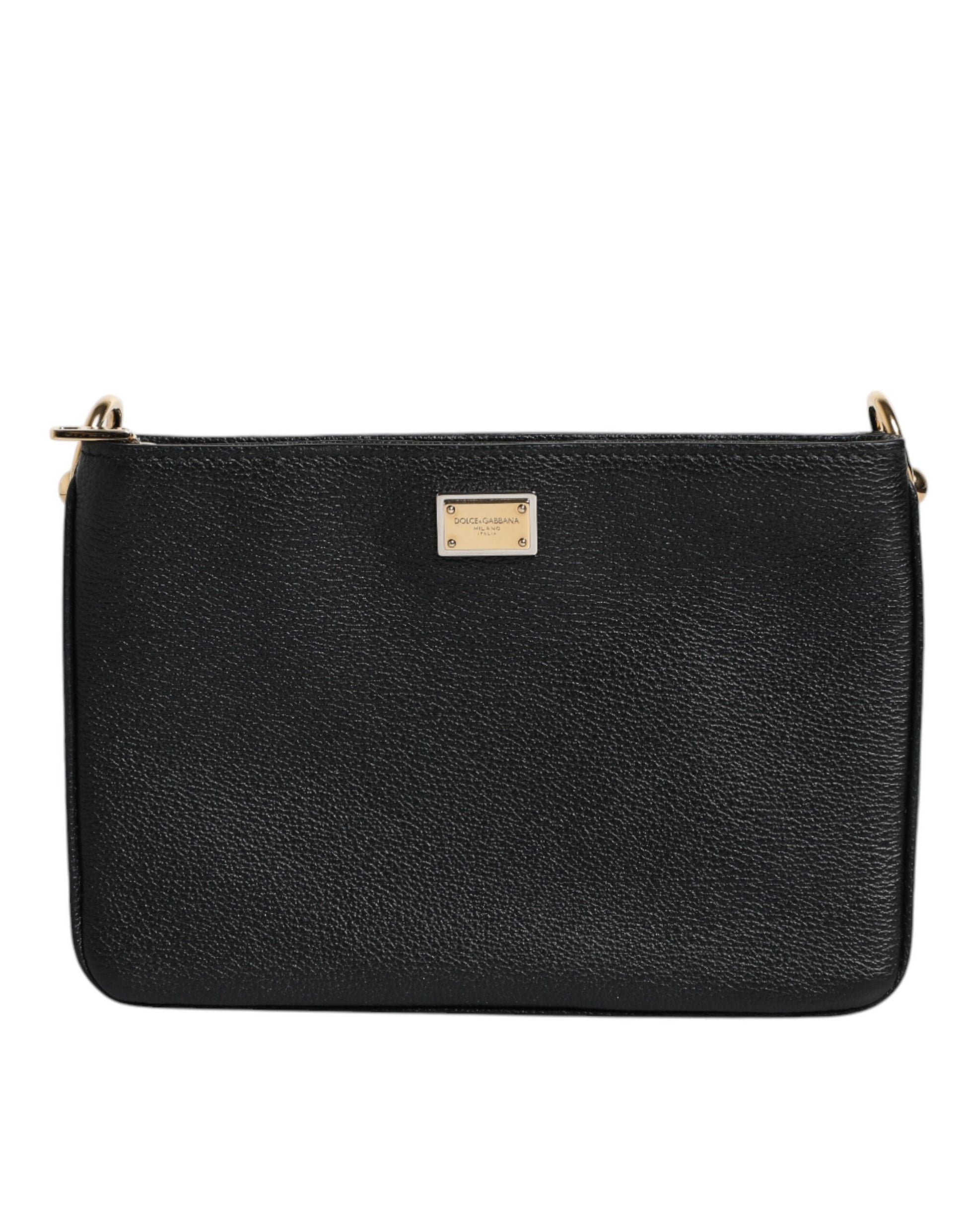 Dolce &amp; Gabbana – Clutch aus schwarzem genarbtem Leder mit Logo-Schild
