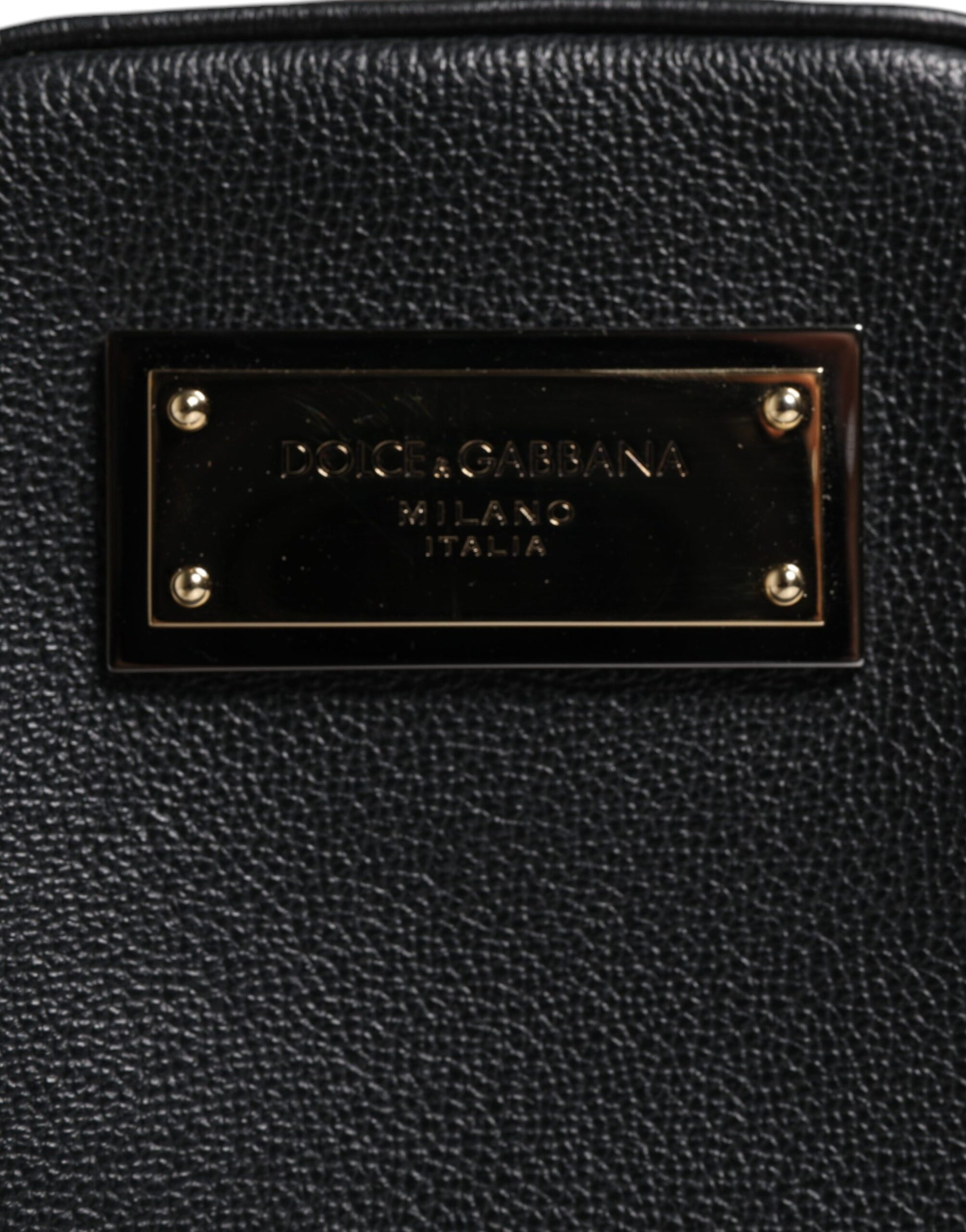 Dolce &amp; Gabbana – Clutch aus schwarzem genarbtem Leder mit Logo-Schild