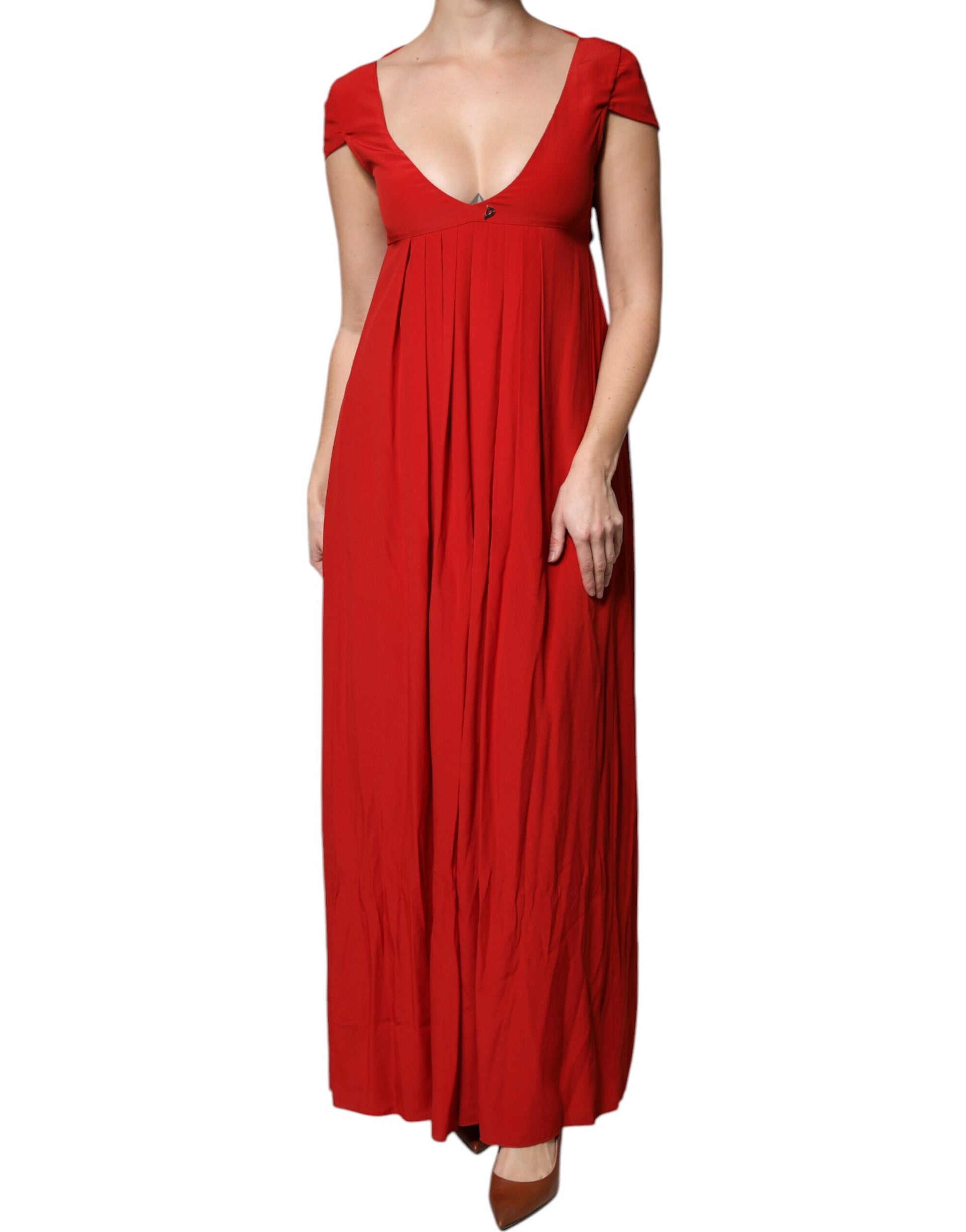 Dondup – Rotes Acetat-Maxikleid mit kurzen Ärmeln und tiefem Ausschnitt