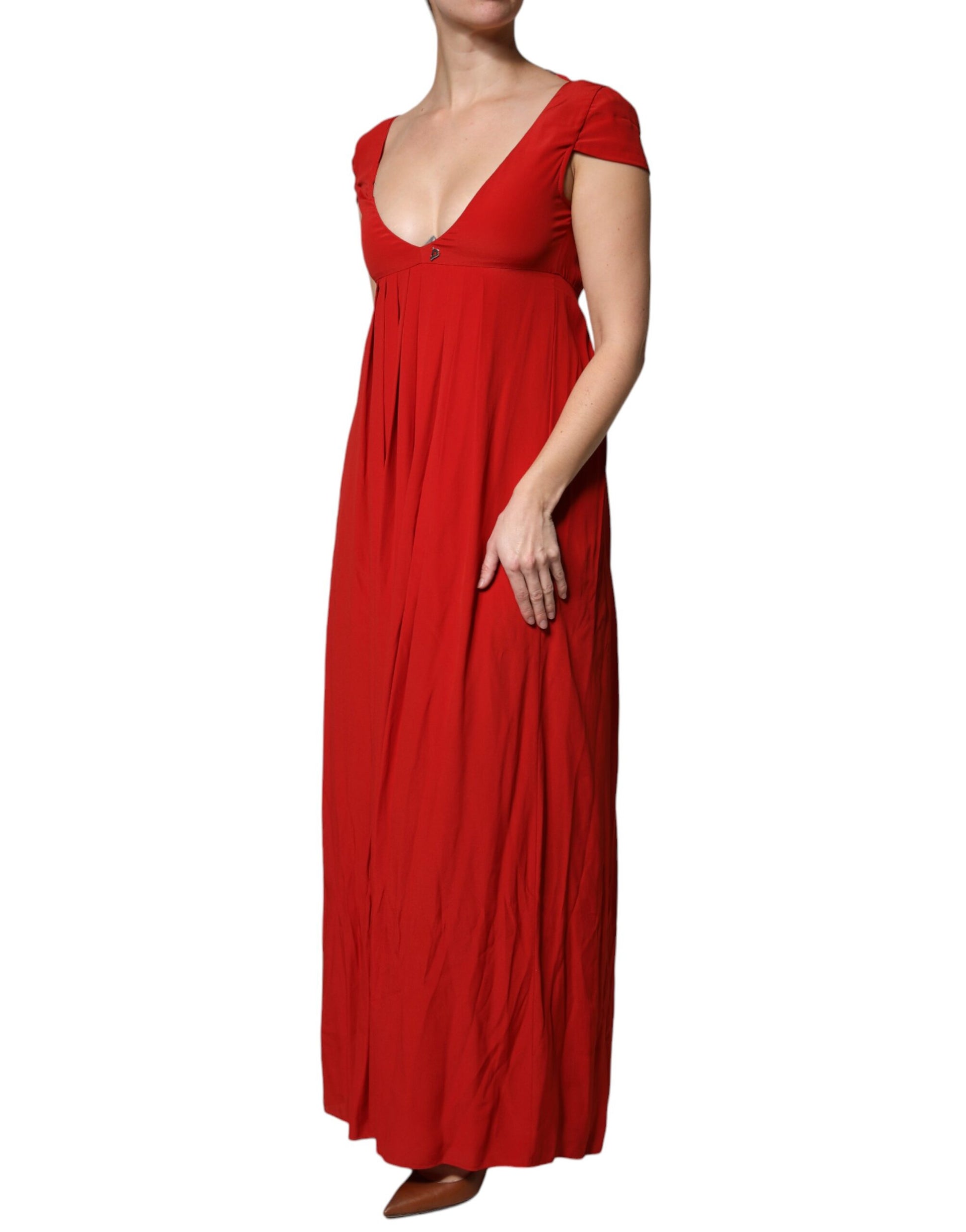 Dondup – Rotes Acetat-Maxikleid mit kurzen Ärmeln und tiefem Ausschnitt