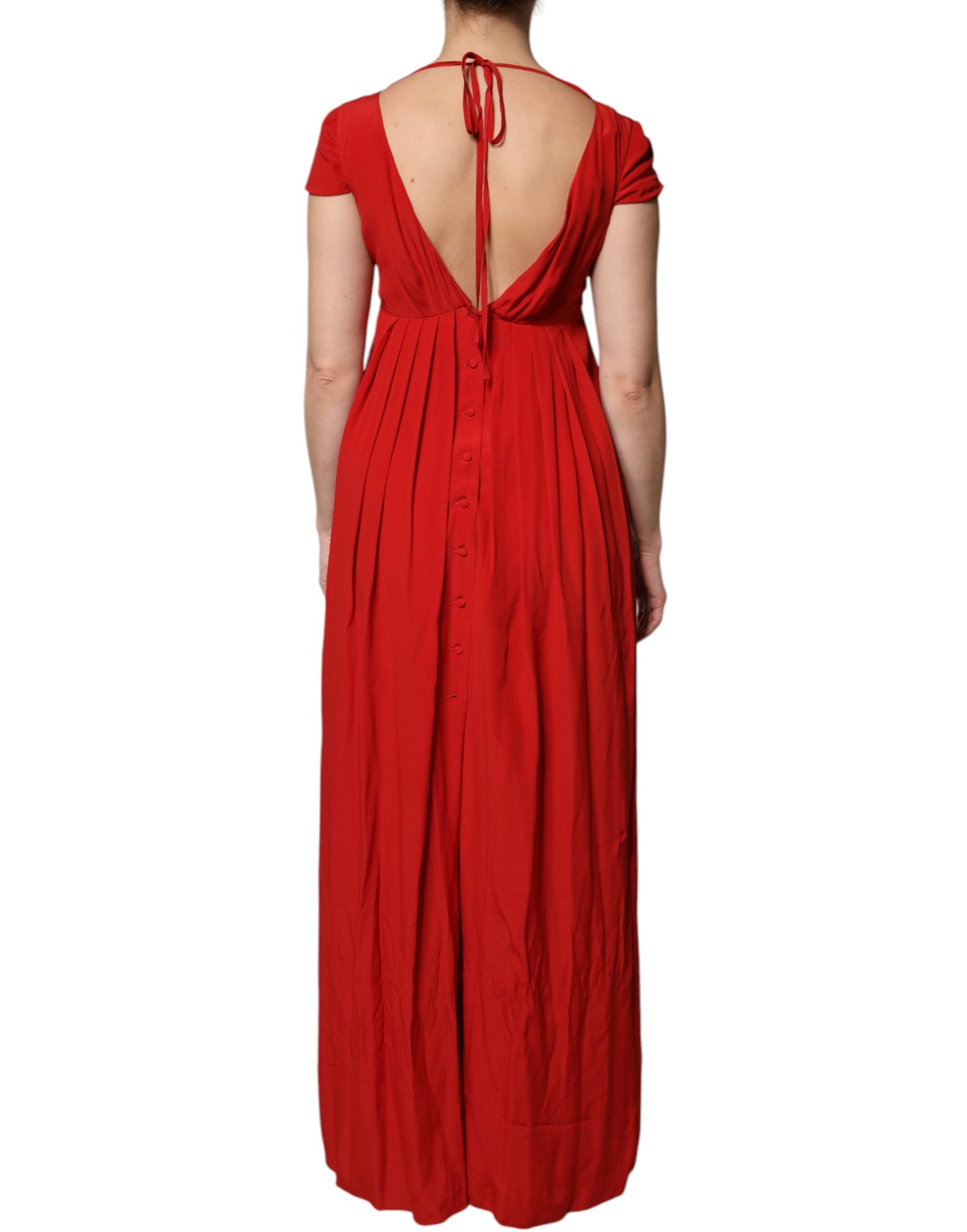 Dondup – Rotes Acetat-Maxikleid mit kurzen Ärmeln und tiefem Ausschnitt