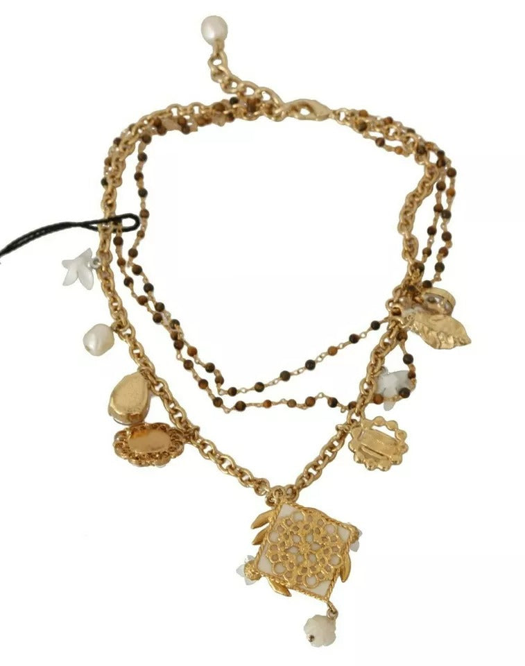 Dolce &amp; Gabbana – Statement-Halskette mit Blumenanhängern aus goldenem Messing mit Kristallen