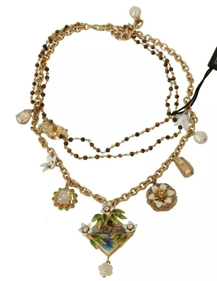 Dolce &amp; Gabbana – Statement-Halskette mit Blumenanhängern aus goldenem Messing mit Kristallen