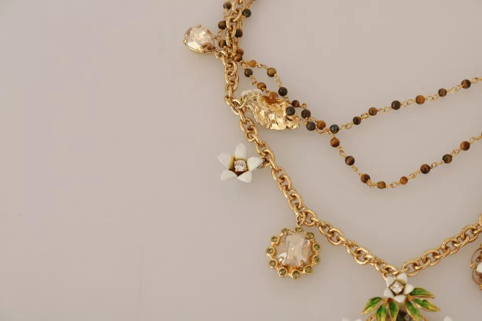 Dolce &amp; Gabbana – Statement-Halskette mit Blumenanhängern aus goldenem Messing mit Kristallen